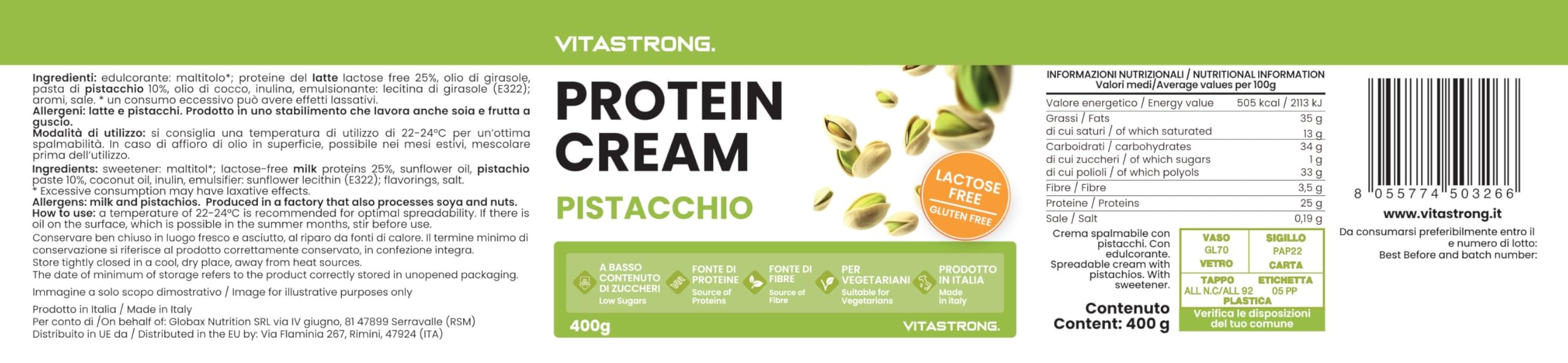Vitastrong Crema Proteica al Pistacchio 400g – Spalmabile ad Alto Contenuto Proteico – Senza Zuccheri Aggiunti – Qualità Italiana (400 grammi, Pistacchio)