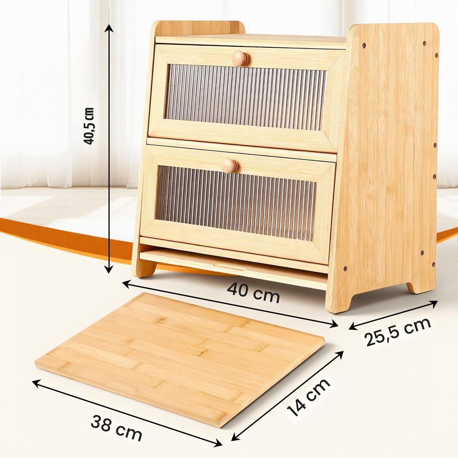 HAUSPROFI Panera de bambú de 2 niveles, panera de madera con tabla de cortar, ventilación ondulada, ventana visible, elegante caja de pan de cocina para guardar pan, 40 x 25 x 40 cm, grande