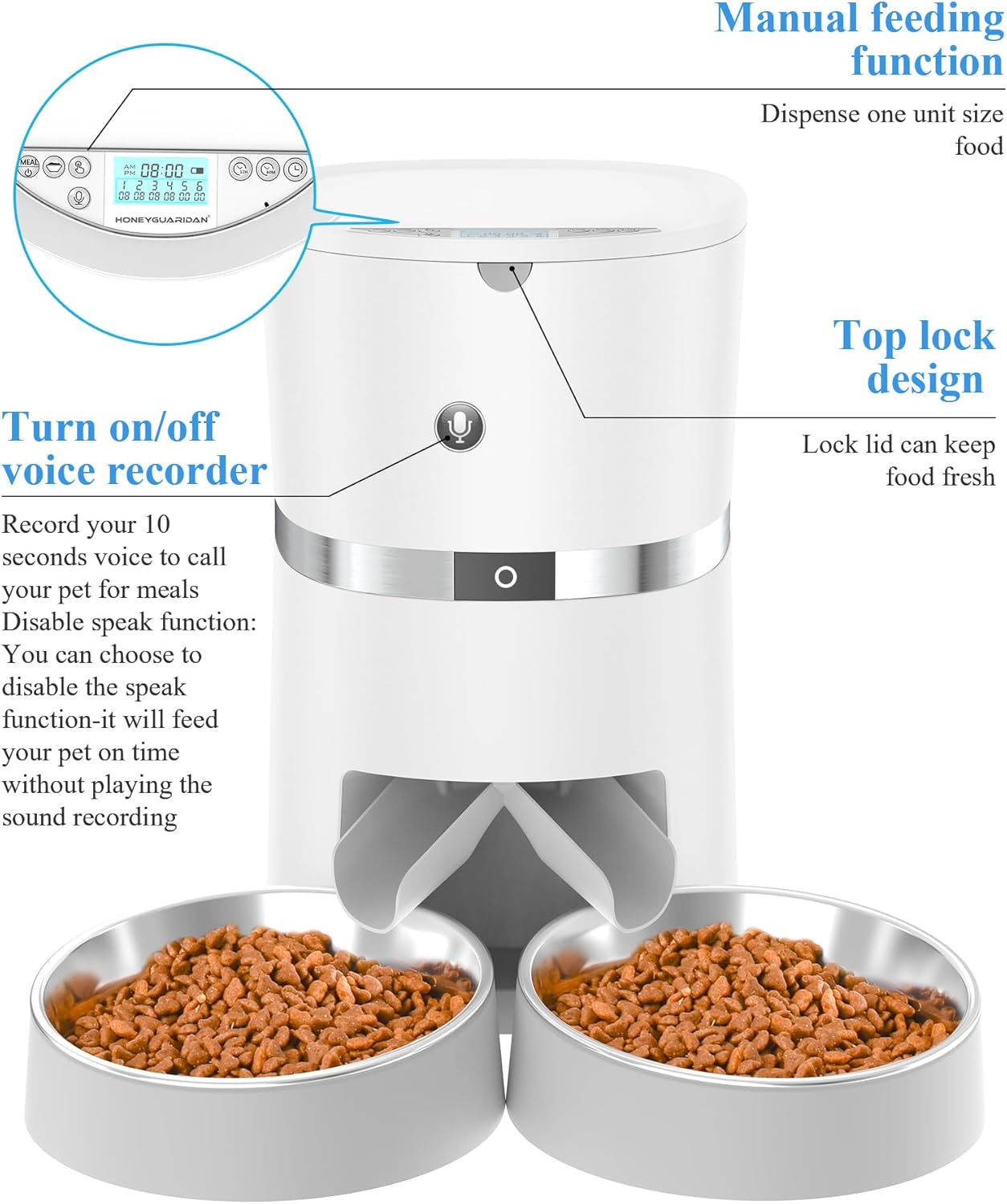 WellToBe Automatic Pet Feeder control panel with voice recorder and manual feed button