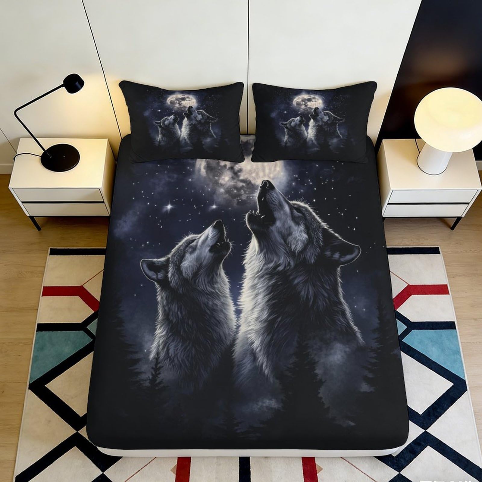 Pnayamiorkfel Style-8 3D Printed Howling Wolf Moon Fitted Sheet Microfiber Soft Bed Cover Night Forest Mattress Cover Bedroom Decor 90X200x25cm