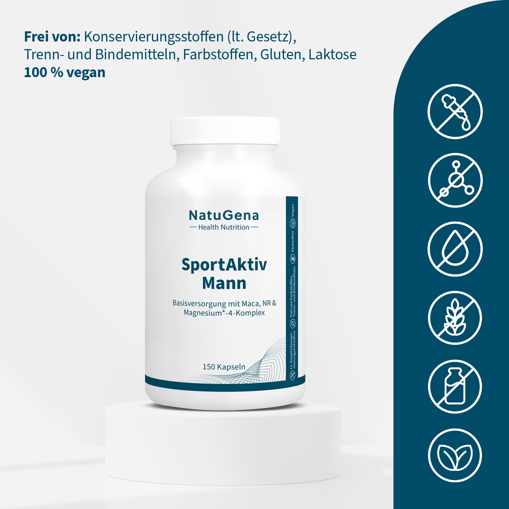NatuGena SportAktiv Mann, Basisversorgung mit 600mg Maca, 300 mg Nicotinamid-Ribosid, 50 mg Betain, 10 mg Citicolin & 25 mg Inositol, Vitamin B6 & B2, vegan, 150 Kapseln (30 Tage Packung)