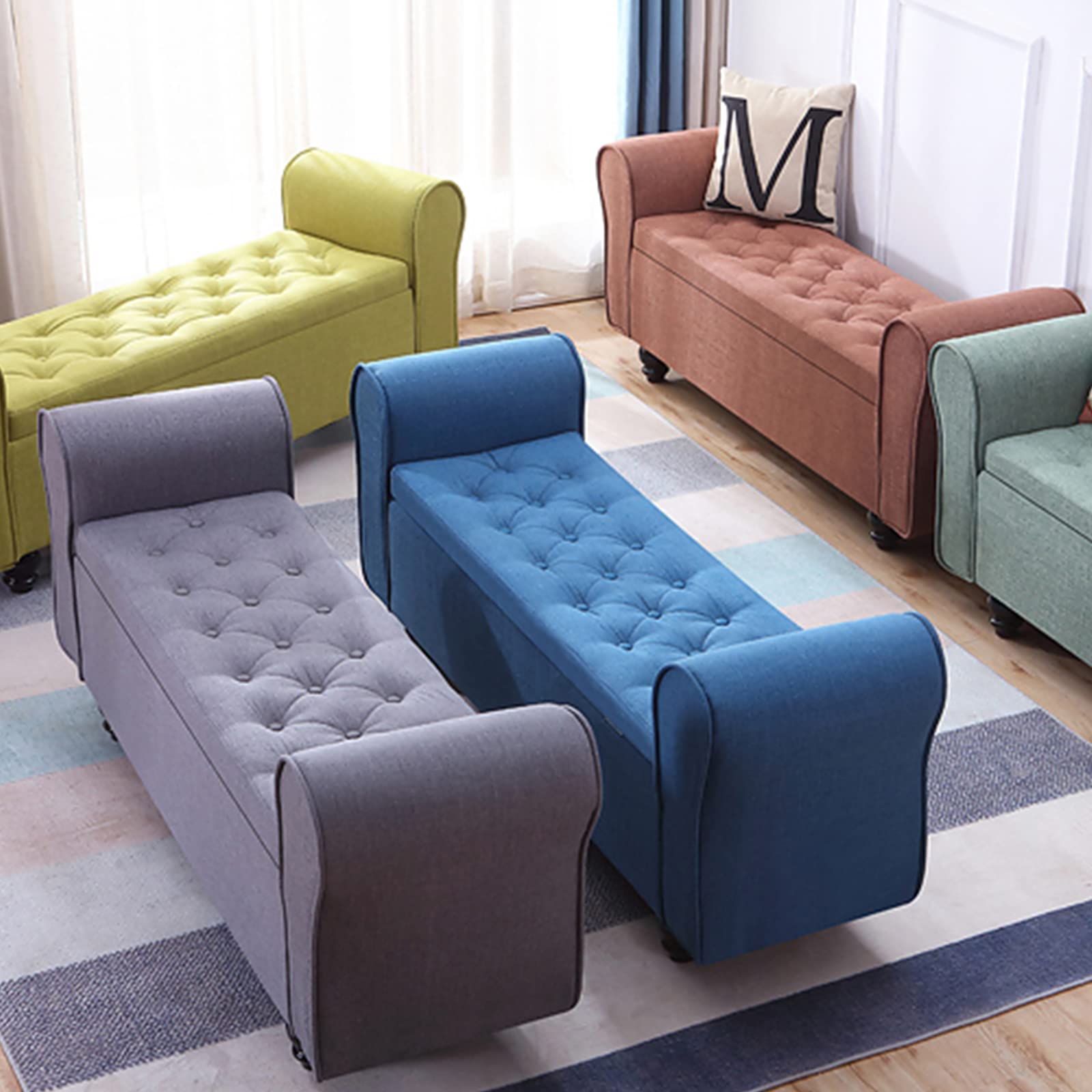 Pouf Contenitore Vintage Imbottito di Grande capacità in Lino Rosso per Camera da Letto e Soggiorno, con Gambe in Legno, Dimensioni 100x40x40 cm.