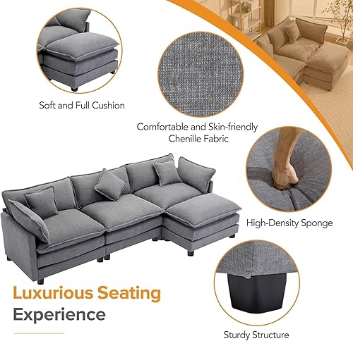 Miniatura 5 de Sofá modular modular grande en forma de L de 112.2 pulgadas, sofá modular grande de tela de felpilla tapizada con otomana para sala de estar,