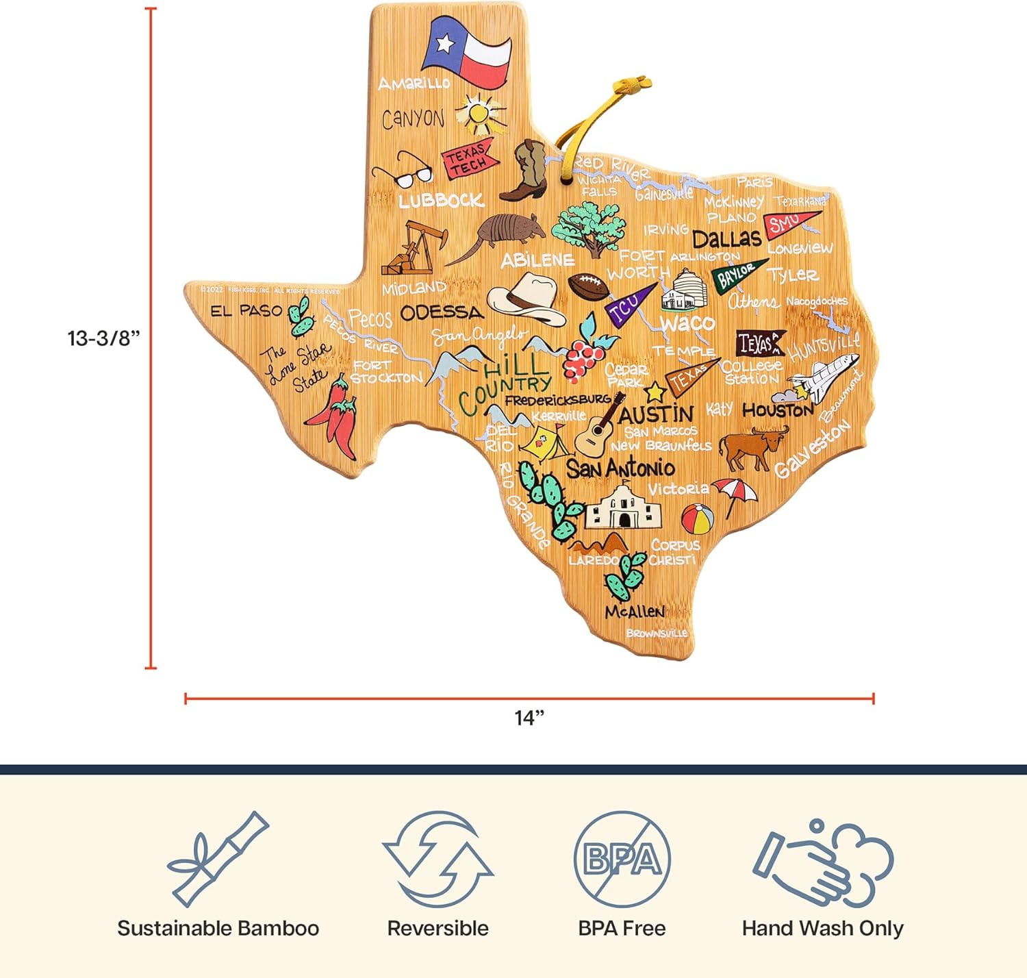 Totally Bamboo Texas State Shaped Cutting Board with Artwork by Fish Kiss – Colorful Map Artwork for Serving, Display or Kitchen Use – Unique Texas Gift and Home Décor - Image 4