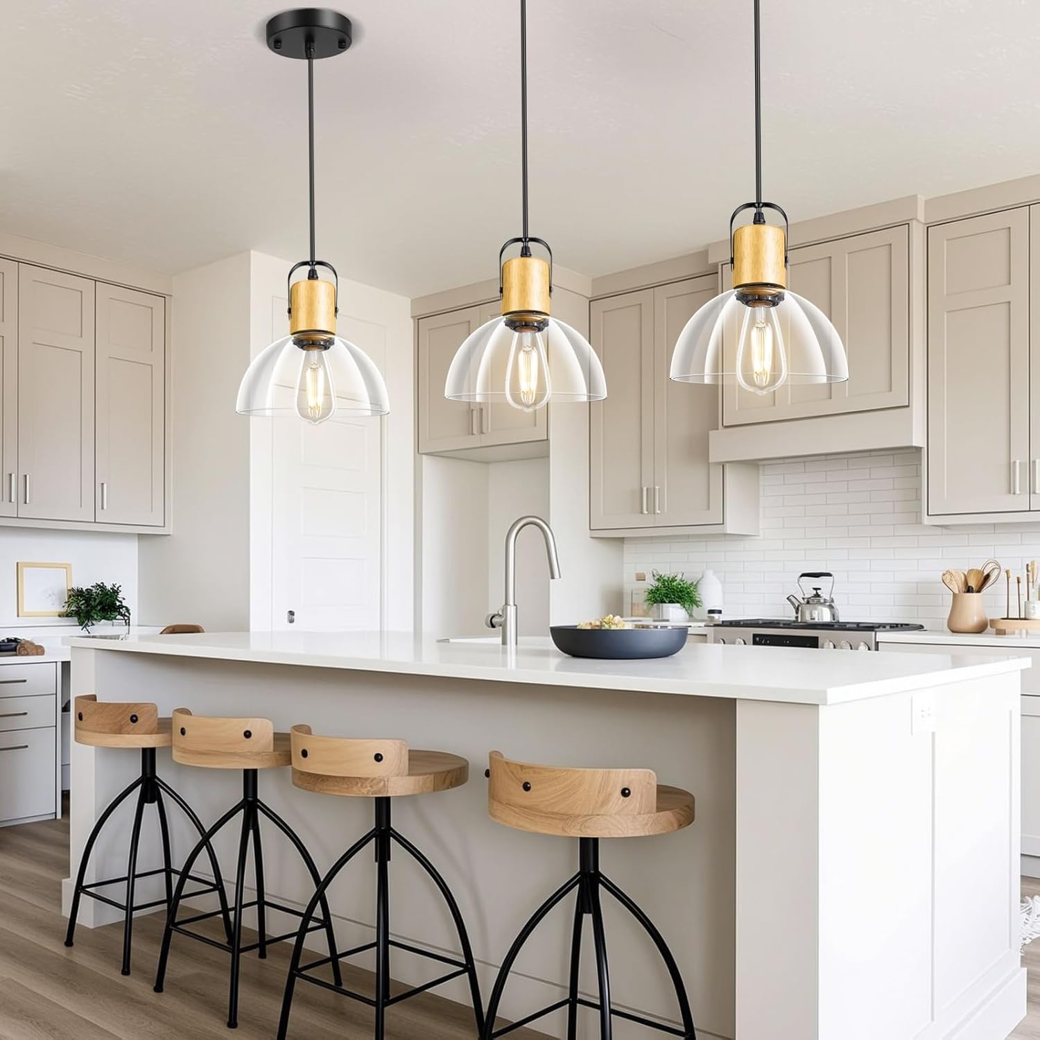 2 Pack Glass Pendant Lights Kitchen Island, Modern Farmhouse Pendant Light Fixture with 7.5" Clear Glass Shade, Hanging Light for Dining Room, Bedroom, Bathroom, Solid Wood