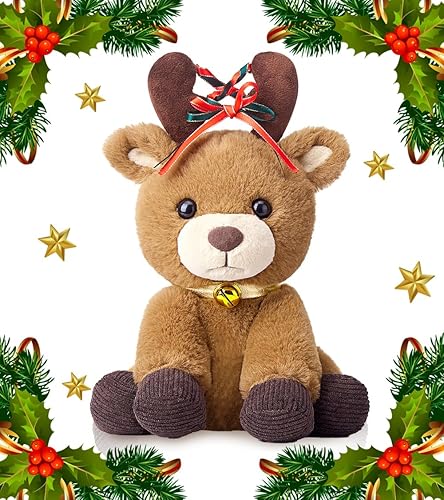 Miniatura 9 de IKASA Juguetes de peluche de renos de Navidad, 11.5 pulgadas, lindo peluche de reno suave, caja de regalo festiva, regalos de Navidad para niños