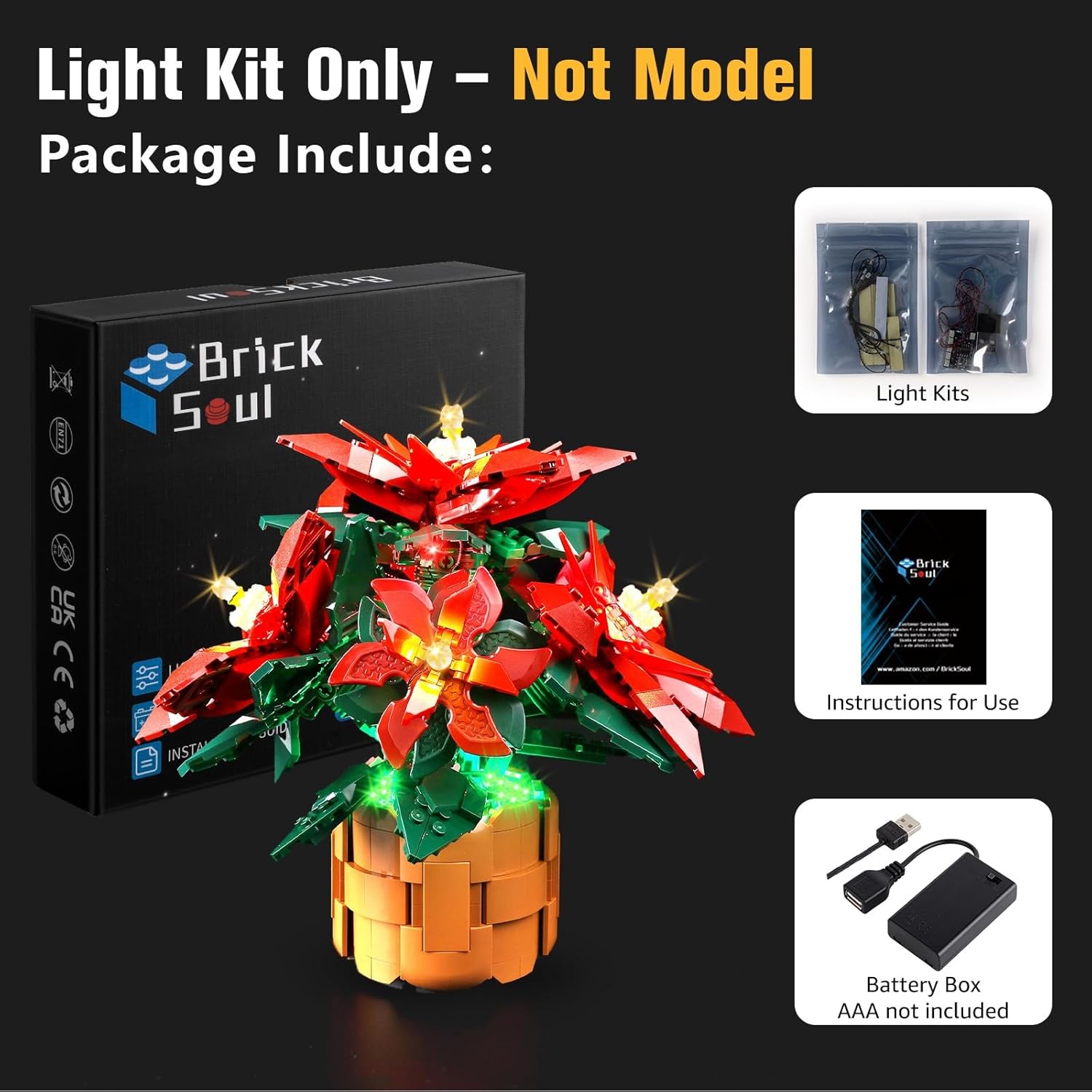 BrickSoul LED Light Up Kit Compatible with Lego Flowers Poinsettia 10370 Building Set, Upgrade Desig Lighting Accessories for Icons Flowers Set, Gift for Lego Fans, Not Included 10370 Model