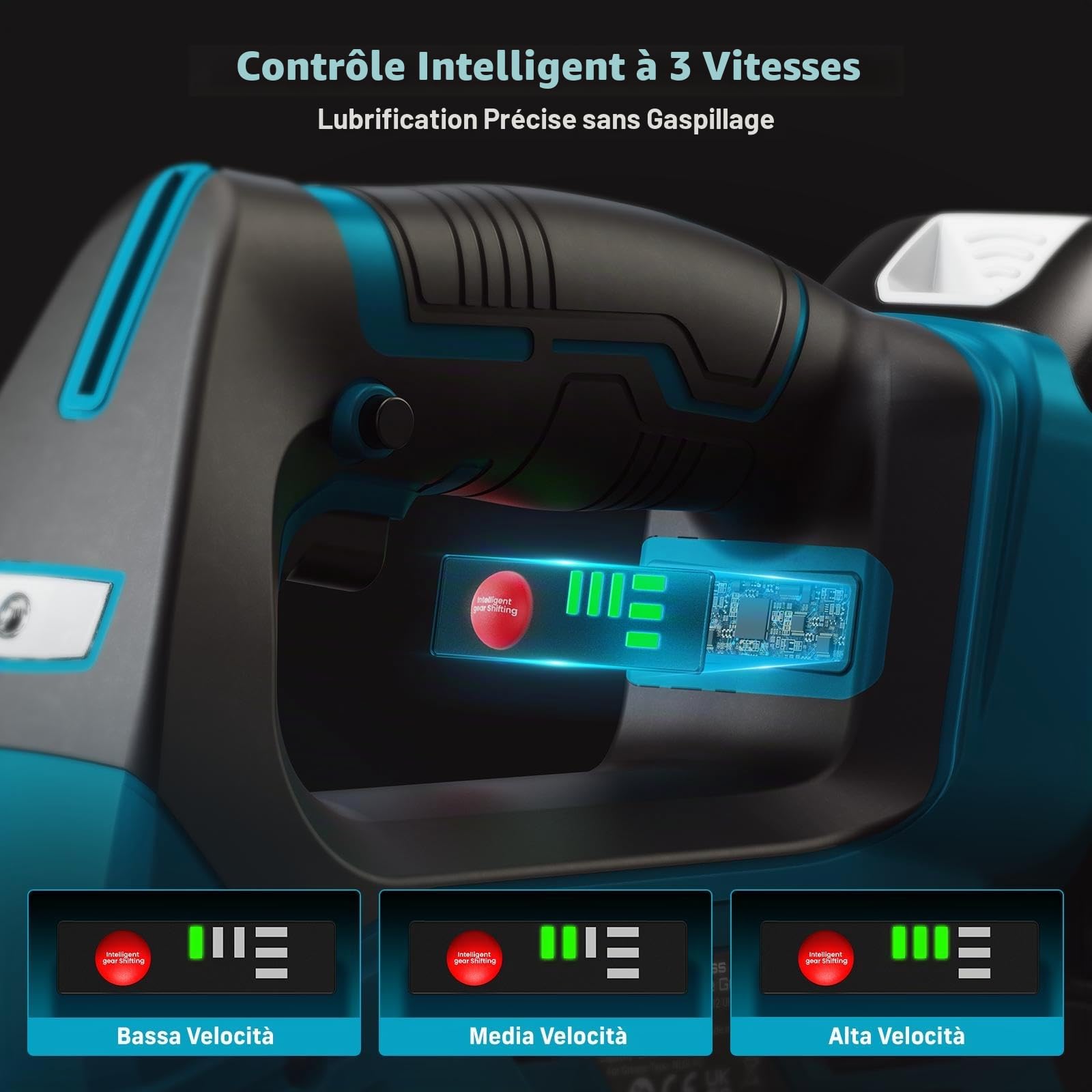 Seesii 12.000PSI Pompe a Graisse Electrique avec 2 Batteries (et Compatible avec la Batterie Makita 18 V), 3 Vitesses, Moteur Brushless, 3 Embout, Tuyau de 1m, Raccord à 90°, pour Équipements Lourds
