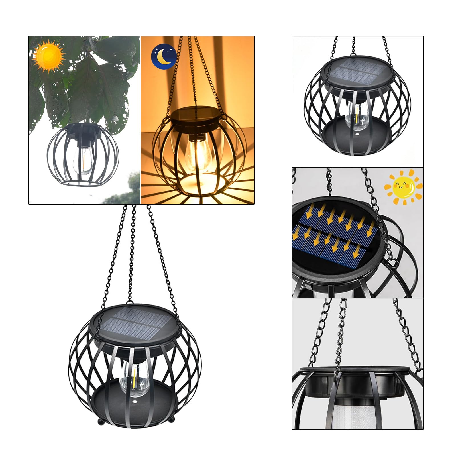 Solarne lampiony z wodoodpornymi wiszącymi lampami solarnymi – metalowe dekoracyjne oświetlenie na taras, do ogrodu, na podwórko – oświetlenie zewnętrzne z haczykiem do lamp solarnych na zewnątrz do