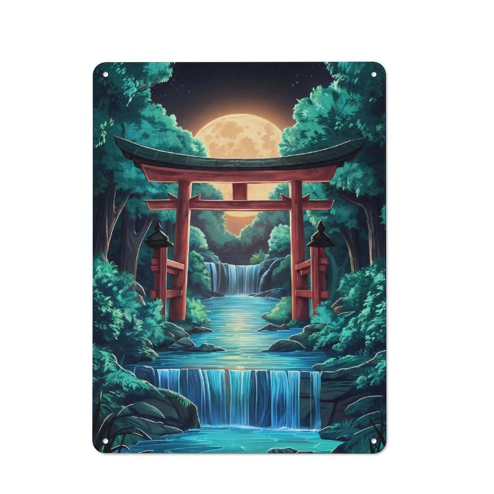 Shed Style Decorative Metal Plaque 40x30cm Featuring Moon And Torii Gate Japan, Porch Wall Decor for Patio Bar, Workshop, Shed Or Kitchen