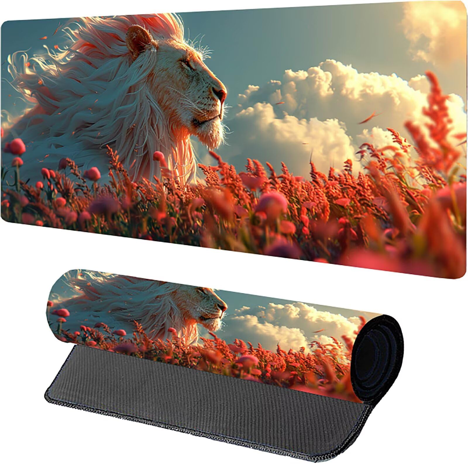 Tappetino Mouse XXL 1500 x 800 mm, Tappetino Mouse Leone, Gaming Mousepad Migliorare la Velocità e la Precisione, Mouse Pad con Base in Gomma Antiscivolo, Ufficio Accessori Gaming, Bianco 9-9250