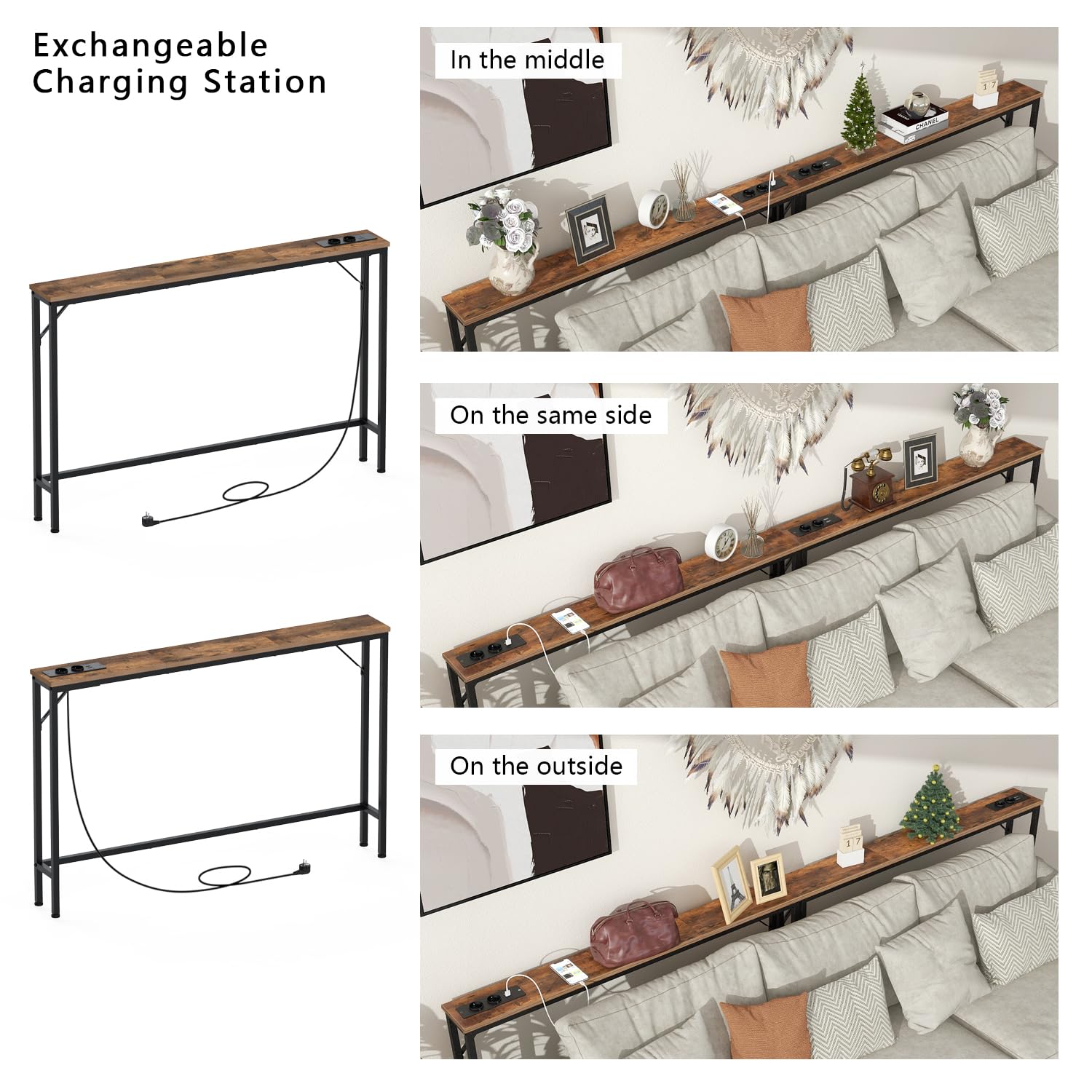VEDECASA 2 Sets 5,9" Konsolentisch mit Steckdose & USB-Anschlüssen Schmaler Flurtisch Beistelltisch Eingangstisch Sofatisch Sideboard für Eingang Wohnzimmer Flur Büro Stabiles Stahlgestell Industrie