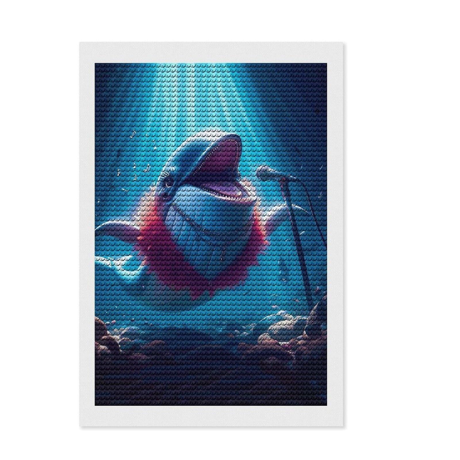 Junmoney Singing Whale with Microphone Diamond Painting Set 8"x12", with Tool Kit, Office Decor, Creative Hobby, Fun Craft Activity, Winter Craft