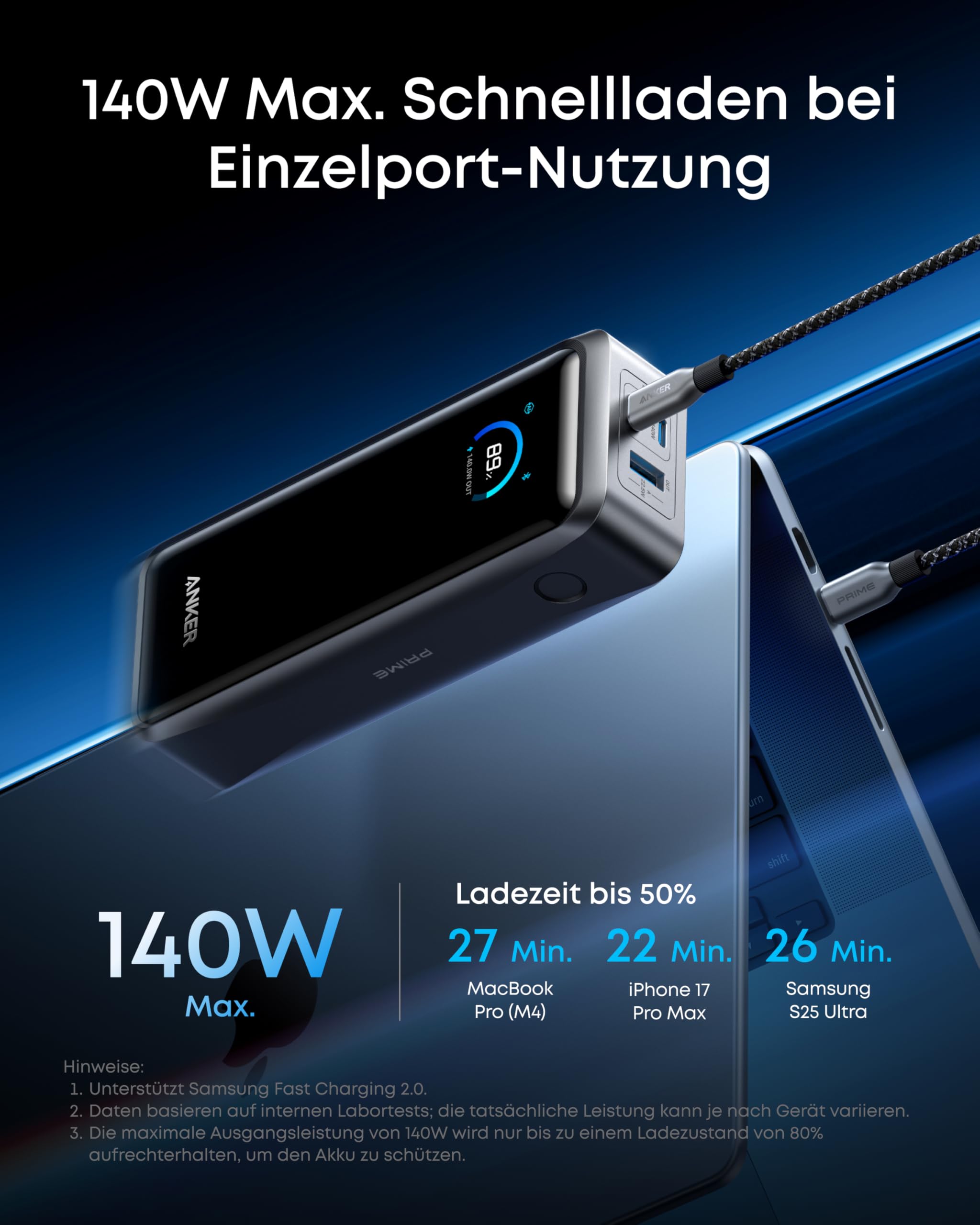 Anker Prime Powerbank 26250mAh, 300W max, bidirektionales Laden, 250W Dual-Input & 140W Single-Port, TSA-zugelassen, App-Steuerung, Display, kompatibel mit MacBook Pro & iPhone 17/16 (ohne Ladebasis)