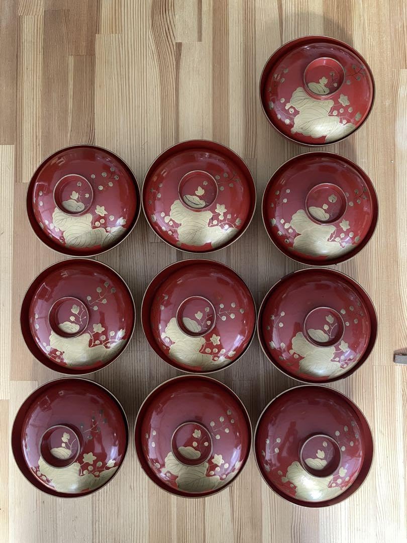 Amazon.co.jp: 明治期 漆器 吸物椀10客／朱塗り 金彩 草花文様／共箱入