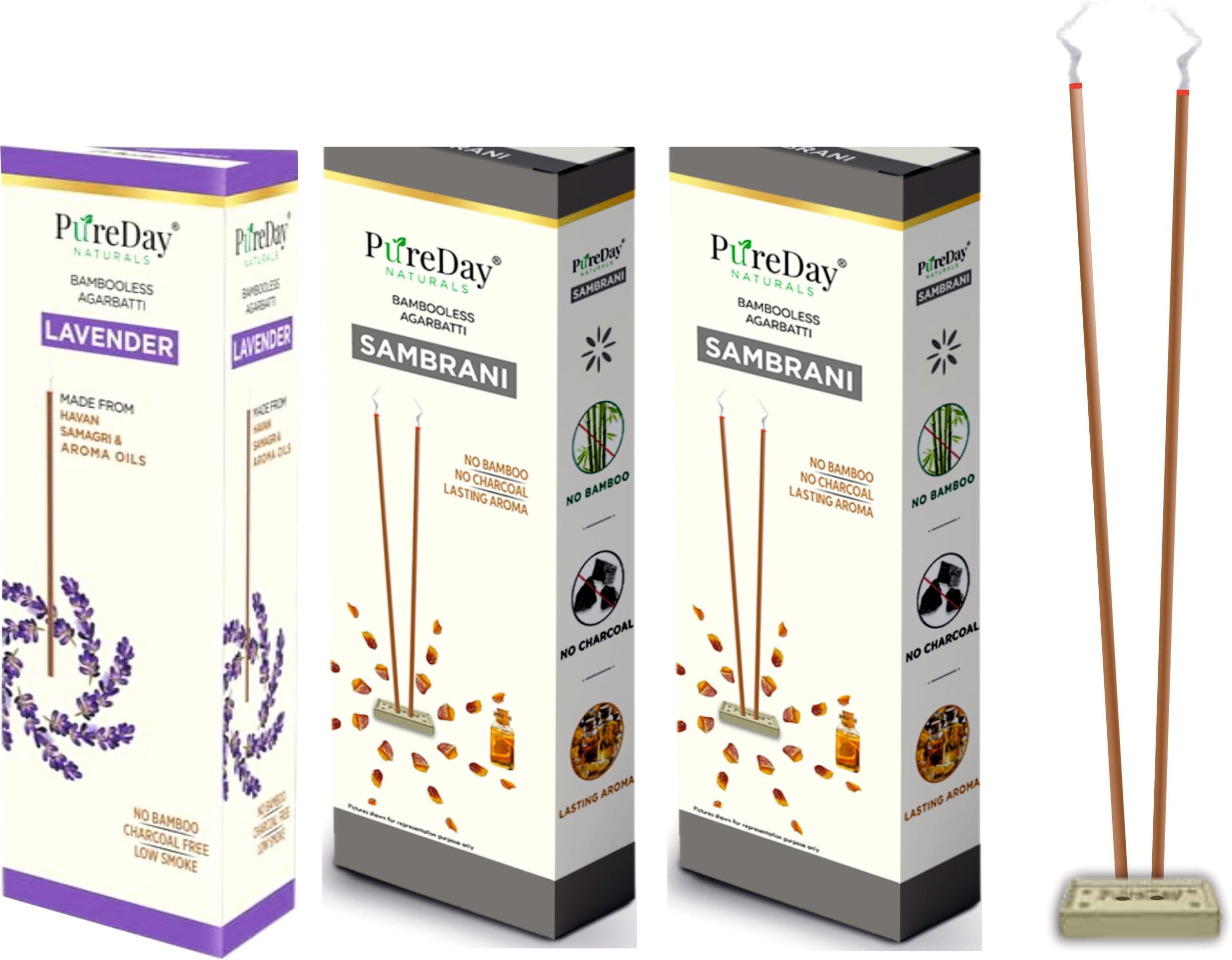 PureDay Bambooless Agarbatti | 200 Dhoop Sticks | Pack of 3 | Rose & Saffron - 80 Sticks, Sambrani - 80, Sambrani - 40 | No Bamboo, No Charcoal, Lasting Aroma | Free Ceramic Stand