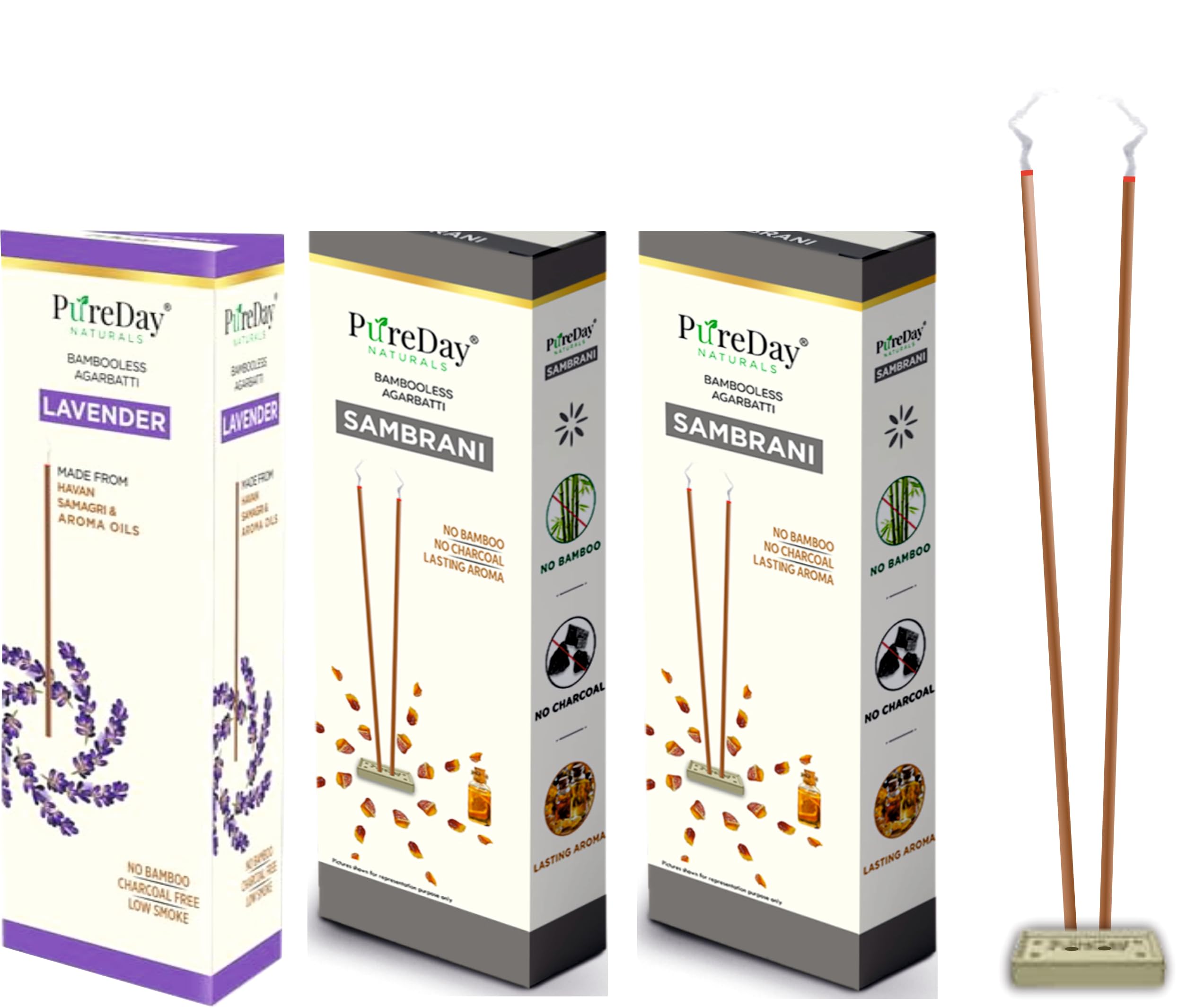 PureDay Bambooless Agarbatti | 200 Dhoop Sticks | Pack of 3 | Rose & Saffron - 80 Sticks, Sambrani - 80, Sambrani - 40 | No Bamboo, No Charcoal, Lasting Aroma | Free Ceramic Stand