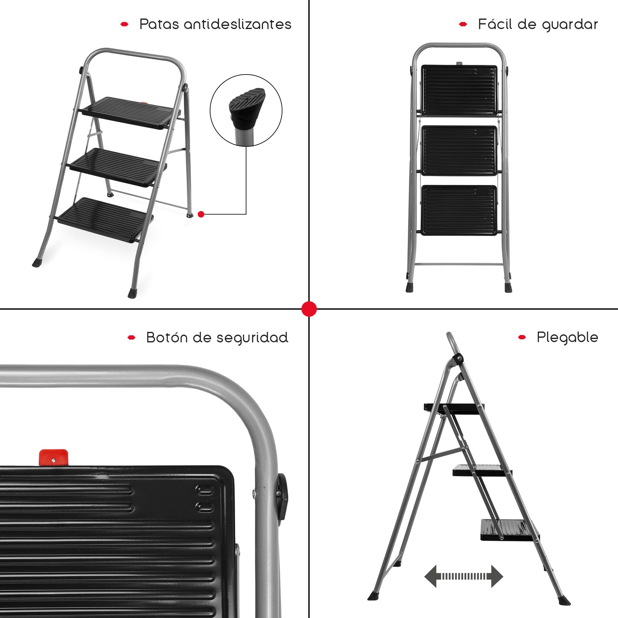 TIENDA EURASIA - Taburete Plegable | Escalera Plegable | Estructura de Metal | Color Plata y Negro | Peso máximo 150 kg | Escalones Antideslizantes | Escaleras Plegables Aluminio (3 Peldaños)