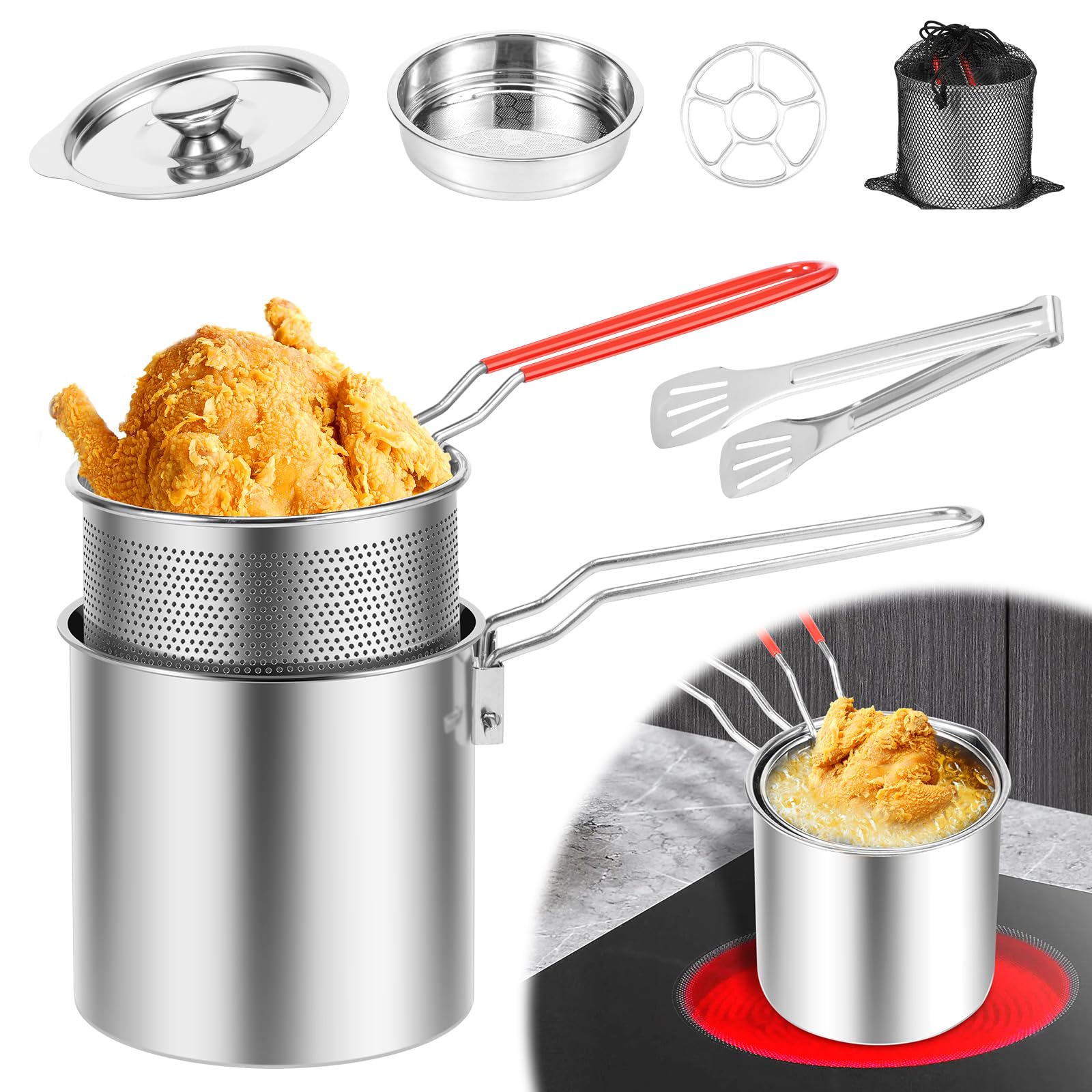 Mini Freidora de acero inoxidable 304 con tapa y colador, Freidora 1 persona con cesta y mango extraíble, pequeña freidora japonesa para patatas fritas, pescado, alas de pollo(3)