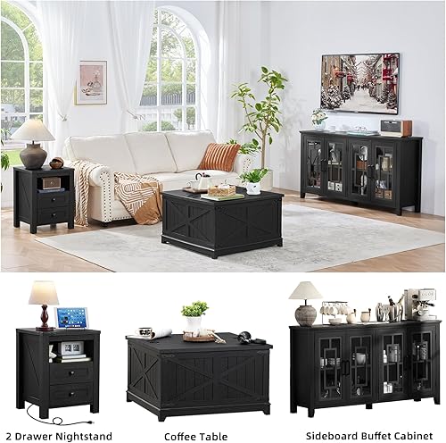 Miniatura 7 de Juego de 2 mesitas de noche con estación de carga, mesita de noche de granja, mesas auxiliares de noche de madera con 2 cajones y estante abierto,