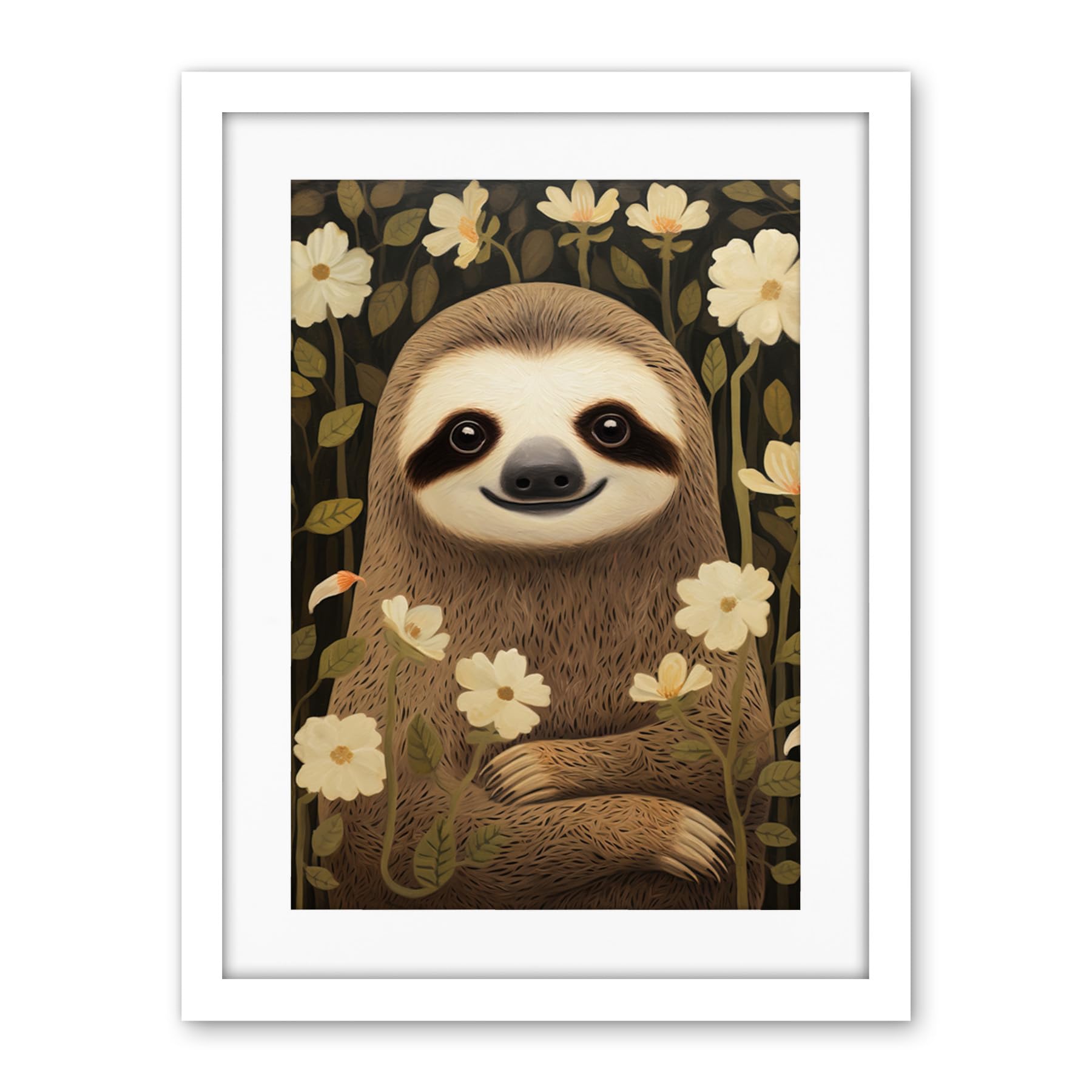 Artery8 Sloth with Jasmine and Anemone Flowers Elegant Artwork Framed Wall Art Print 18X24 Inch