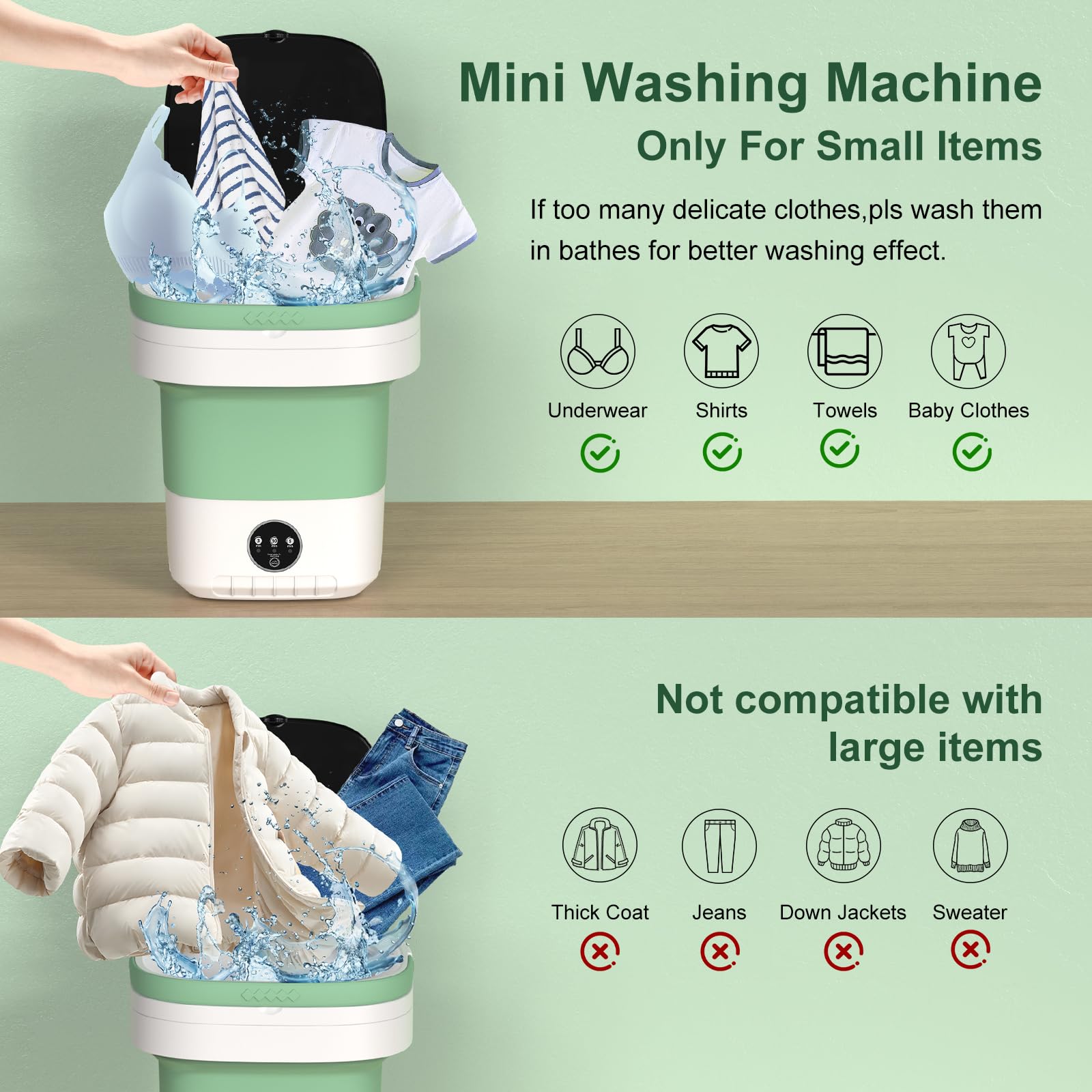 Mini Waschmaschine, 12L 2 in 1 Camping Waschmaschine Klein mit Abnehmbarer Trockenkorb, 3 Modi Tiefenreinigung Portable Mini Washing Machine,Reisewaschmaschine für Unterwäsche, Babykleidung (Grün)