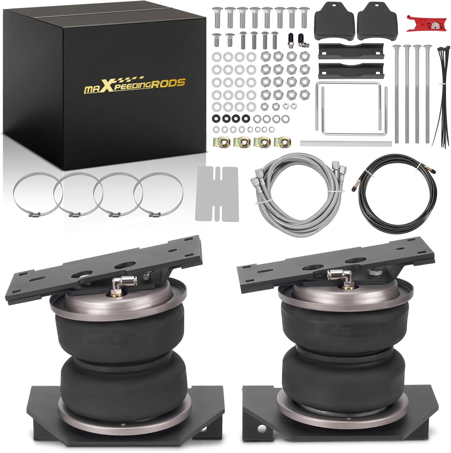 maXpeedingrods 5000 lbs Rear Air Suspension Bags Kit for Ford F-250 F-350 2017-2019 F-450 2017-2024 Super Duty 4WD with Stainless Steel Braided Air Line and Roll Plates