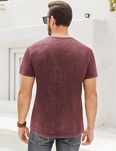 Miniatura 26 de Camisas Henley desgastadas para hombre, camisetas retro de manga corta, camisetas casuales con botones lavadas para hombre