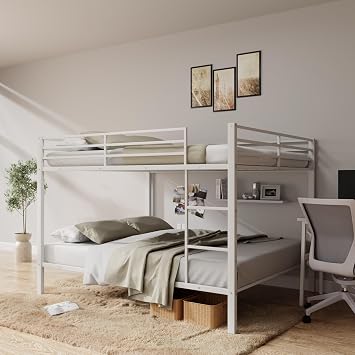 Full Over Full Bunk Bed, Heavy Duty Metal Bunk Bed Frame with Built-in Ladder and Safety Guard Rail, Low Metal Bunk Bed Frame for Kids, No Boxspring Required, for Small Spaces, White