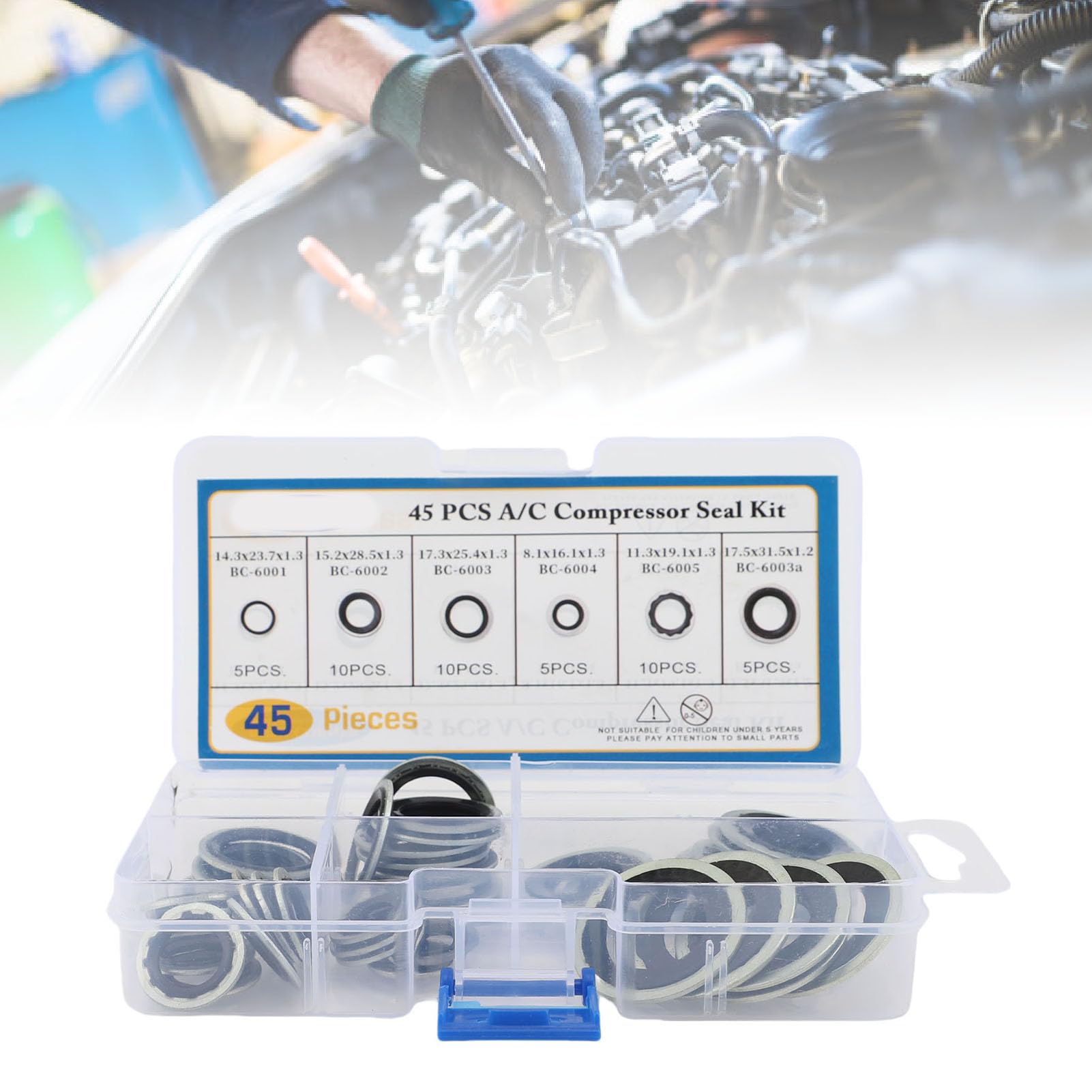 Kit de Juntas de CA, 45 Piezas de 6 Tamaños de Juntas de Compresor de Aire Acondicionado, Kit de Arandelas de Sellado de CA para Automóviles con de Goma de Metal Engrosadas para Panel de