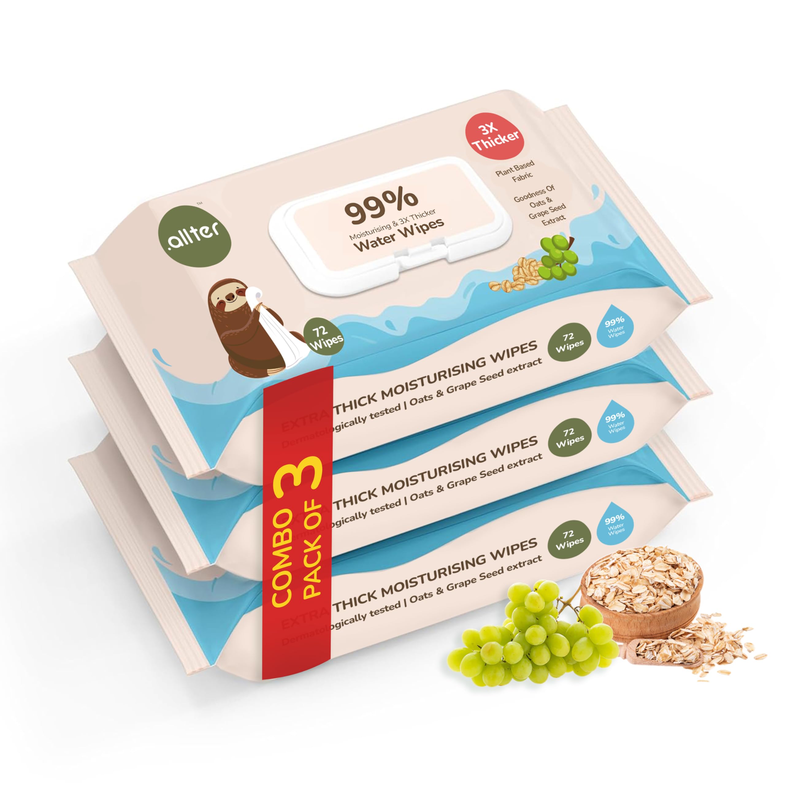 .allter 99% pure water baby wipes, wet wipes for new born baby| moisturising,100% plant based & organic, enriched with oats & grapeseed extract| 72 wipes x 3 packs