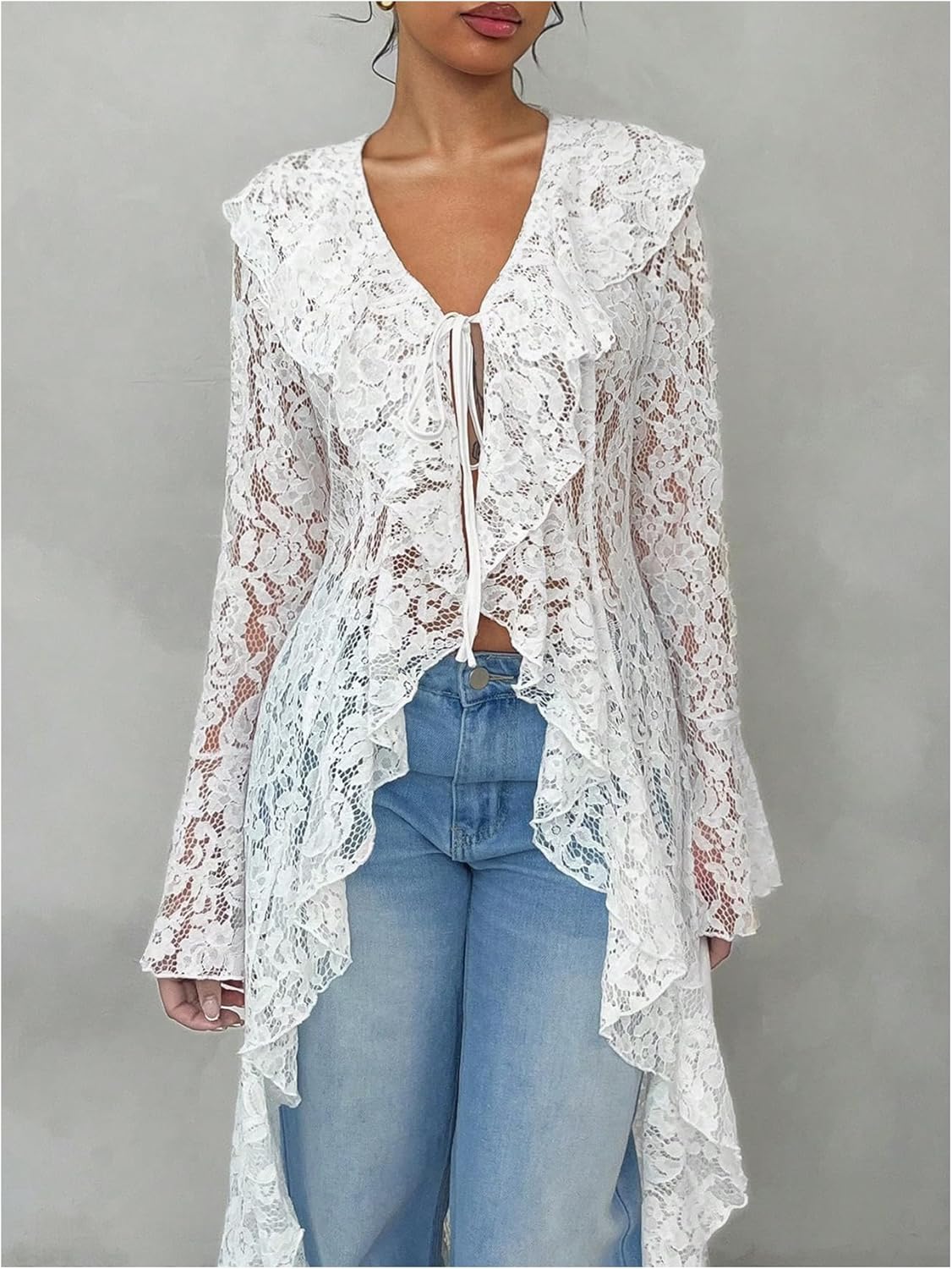 MakeMeChic Women's Floral Lace Tops Tie V Neck Blouse Long Sleeve Ruffle High Low Elegant Shirt - Image 4