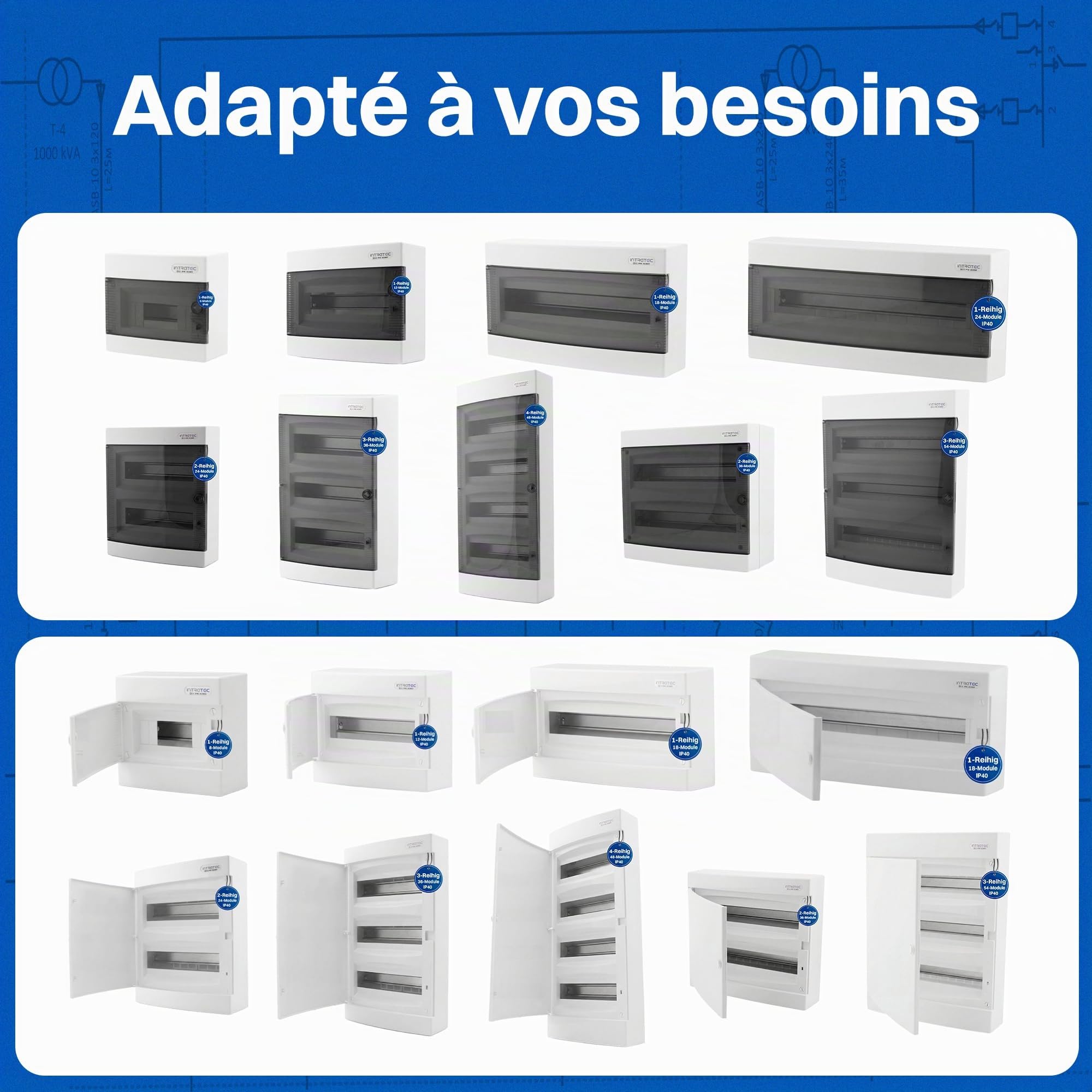 Intratec Coffret de distribution en saillie, IP40 – Boîtier de distribution intérieur, coffret avec porte transparente pour installation en pièce sèche, 4 rangées, 48 modules, 652 x 287 x 112 mm