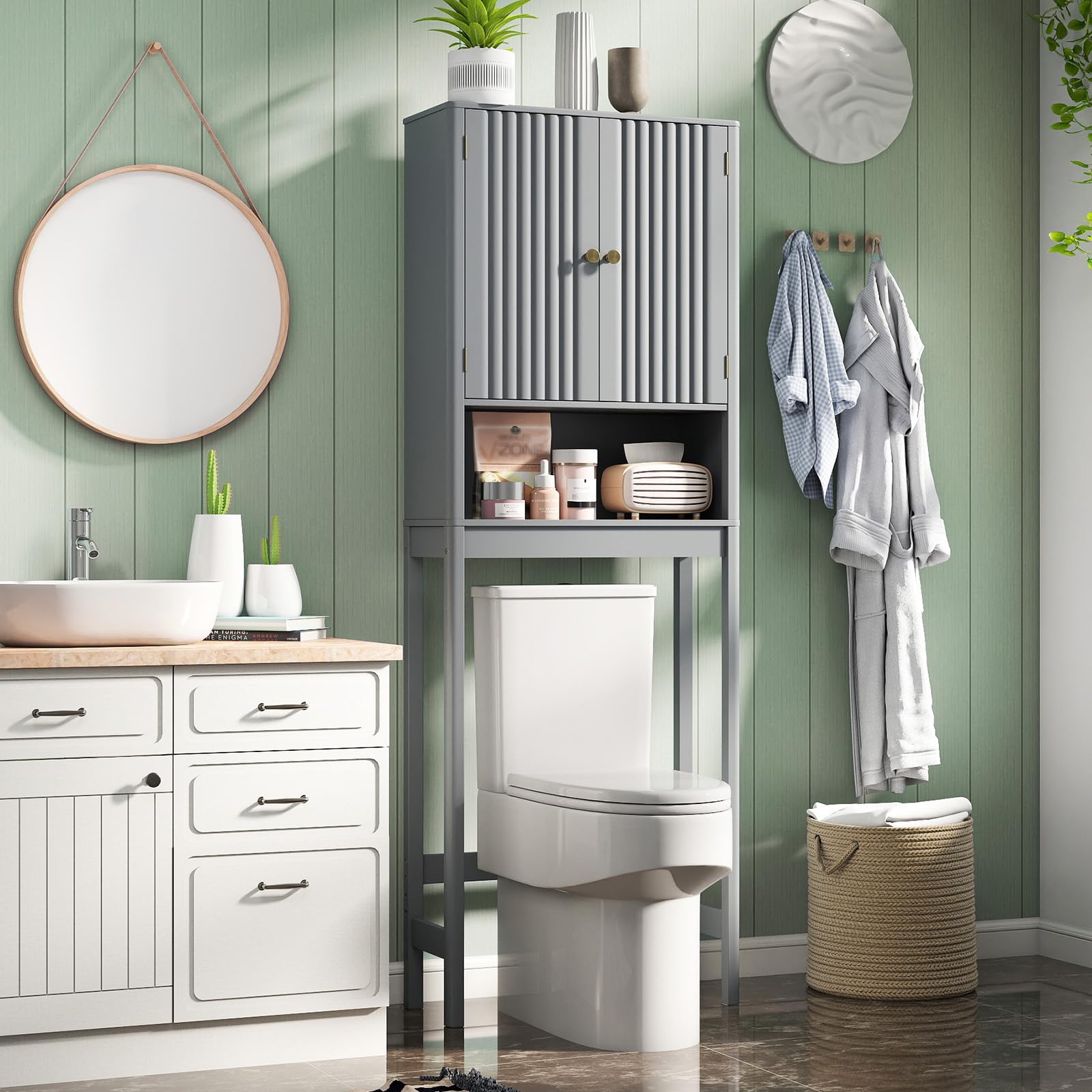 COSTWAY Mobile Bagno Sopra WC, Scaffale per Lavatrice Salvaspazio con 2 Ante, Mensola Aperta e Ripiano Regolabile, Armadietto Sopra Gabinetto in Legno, 60 x 23 x 168 cm (Grigio)