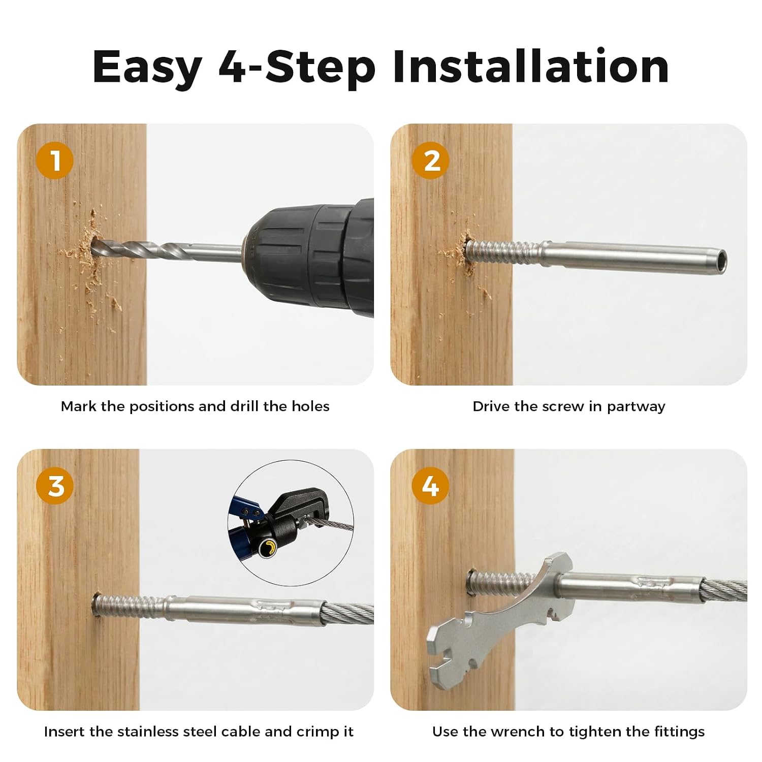WAYSKA 40 Pack 3/16" T316 Stainless Steel Cable Railing Hardware kit, Marine-Grade Right & Left Handed Thread Swage Lag Screws for Wood Post, DIY Deck Cable Railing System, Wrench Included(20 Pairs)