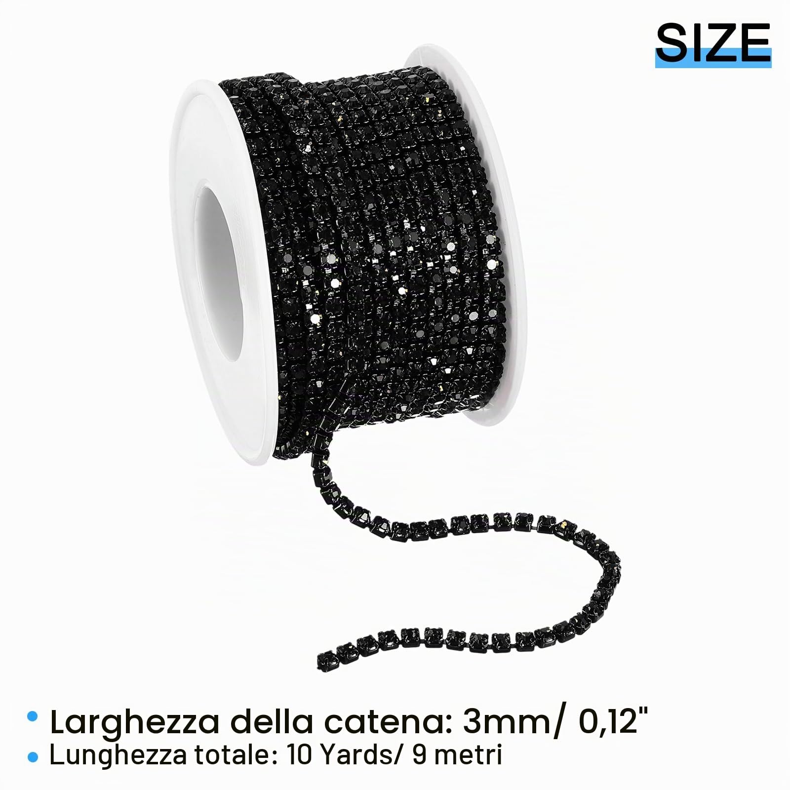 QUARKZMAN 10 Iarda Cristallo Strass Catena, 3,0 mm Cucire su Chiudi Artiglio Catena Taglio per Fai da Te Gioielli, Abbigliamento, Borse, Nero, 1 Rotolo