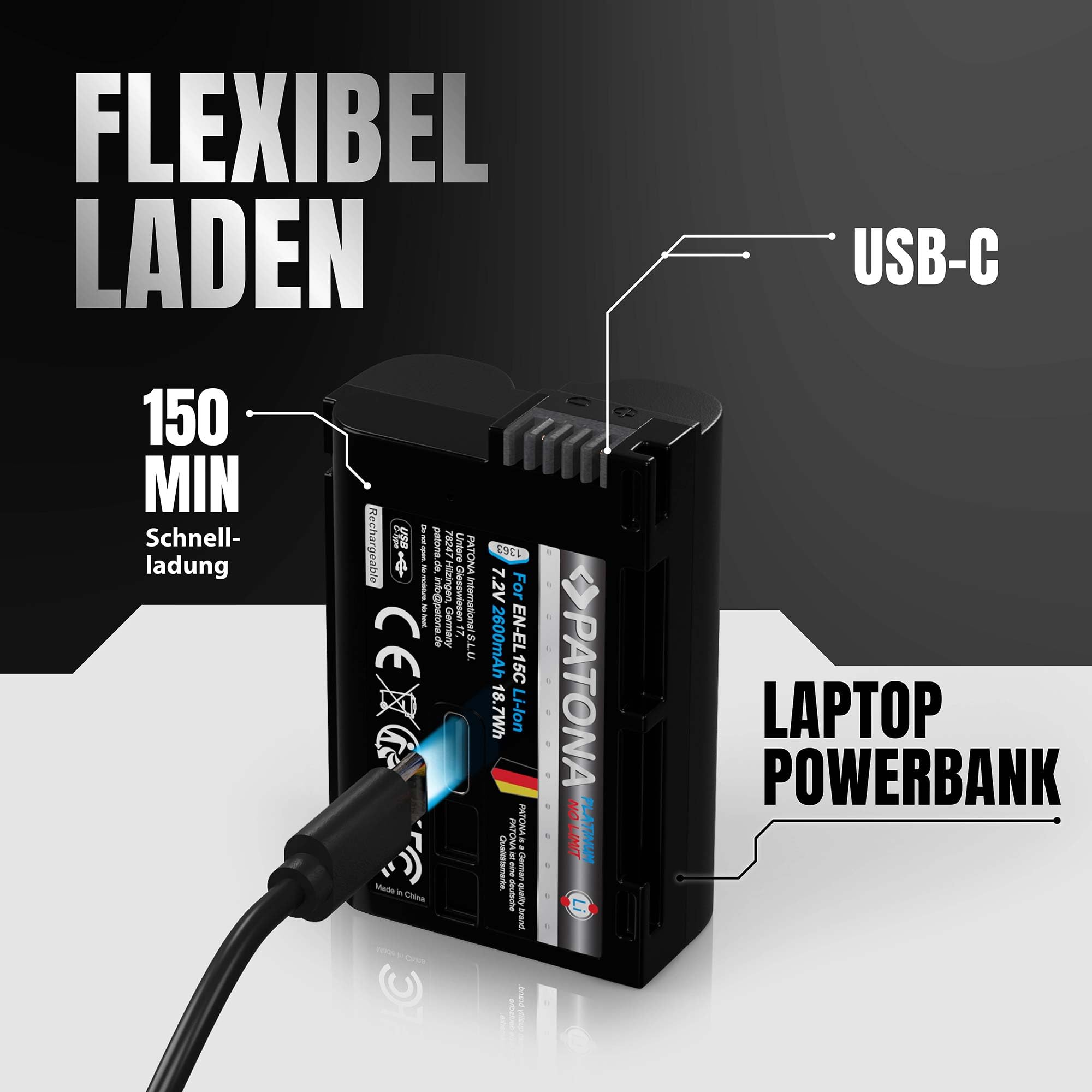 PATONA Platinum EN-EL15C Akku 2600mAh mit USB-C – Ersatz für Nikon EN-EL15 EL15b EL15c – kompatibel mit Z5 Z6 II/III Z7 II Z8 ZF D7500 D850 D780 D750 D500 – direkt am Akku Laden