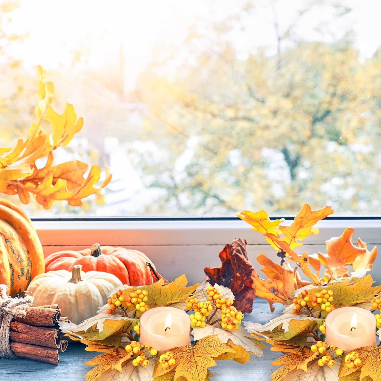 Artificial Maple Leaves Berries Candle Rings Fall Maple Candle Holder Thanksgiving Fall Candle Wreath Farmhouse Centerpieces Door Decoration for Thanksgiving Fall Theme Party