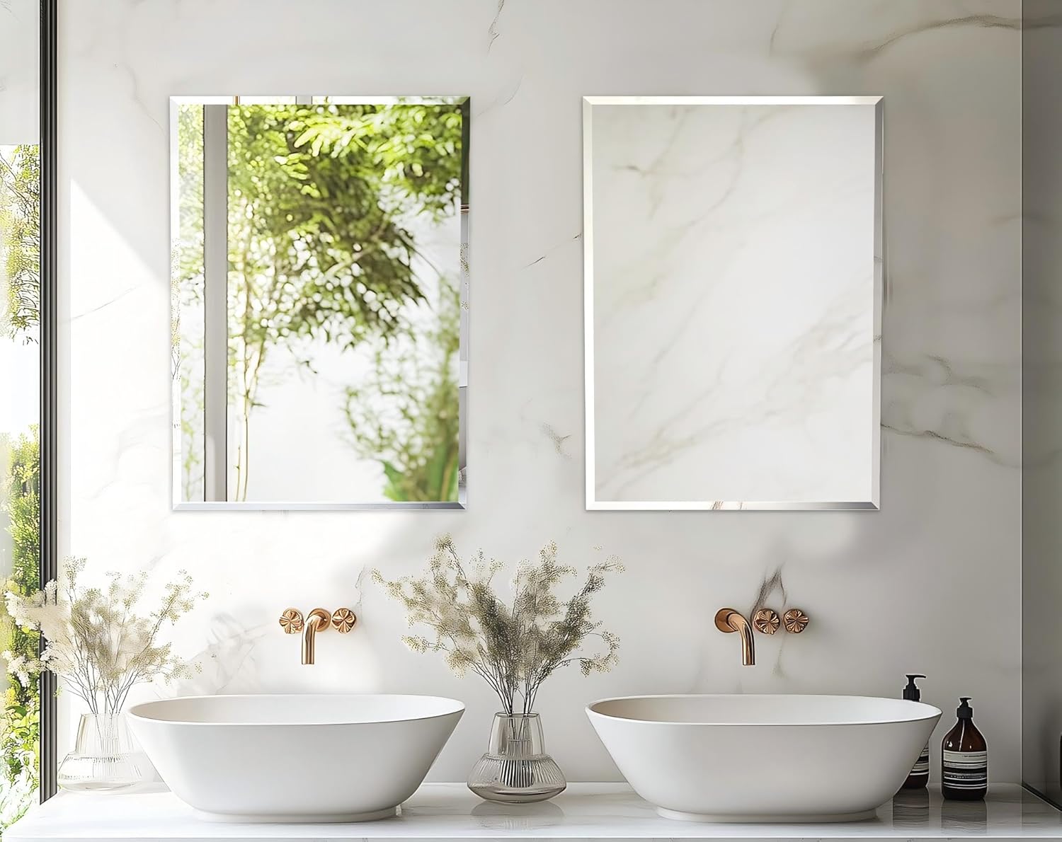 Frameless Rectangular Wall Mirror: Decorative Rectangle Mirrored Glass Vanity with Beveled Silver Edge for Bathroom Bedroom Livingroom Dining Room Entryway Hallway, 40 x 28 inch