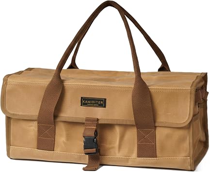 Waxed Canvas Camping Tool Bag, Camping Essentials Multi-purpose 12L Outdoor Storage Bag with Secure Flip Cover, Tent Stakes Hammer Multi-Container Organizer, Khaki