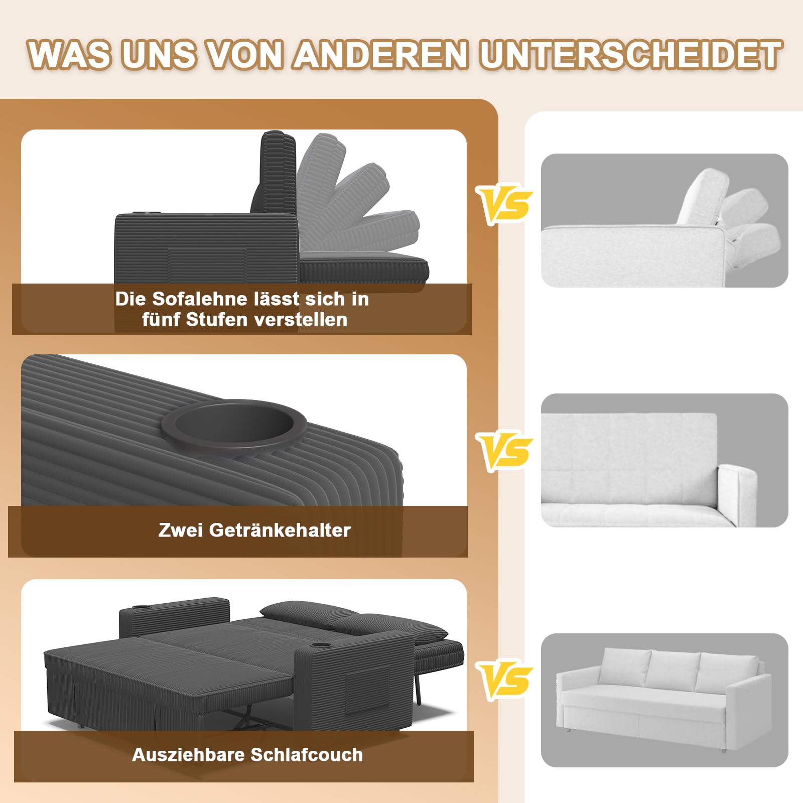 JUMMICO Schlafsofa 2 Sitzer klein Sofa mit Schlaffunktion Schlafcouch Ausziehbar mit Kissen Couch Cord-Bezug mit Getränkehalter Klappsofa Für Wohnzimmer Schlafzimmer,75 x 160 x 93 cm,Grau