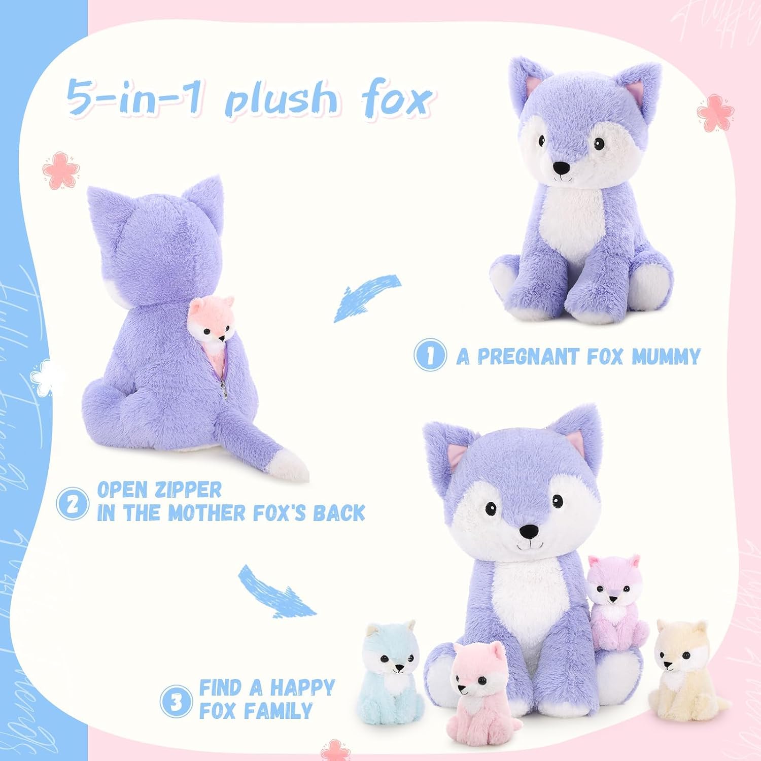 MaoGoLan 5 Pcs Fox Stuffed Animal Set, 20 Inch Mommy Stuffed Foxes Plush Toy with Baby Inside, Purple Cute Fox Plushie for Kids Girl Boy, Birthday Gift Baby Shower Party Favor Decor