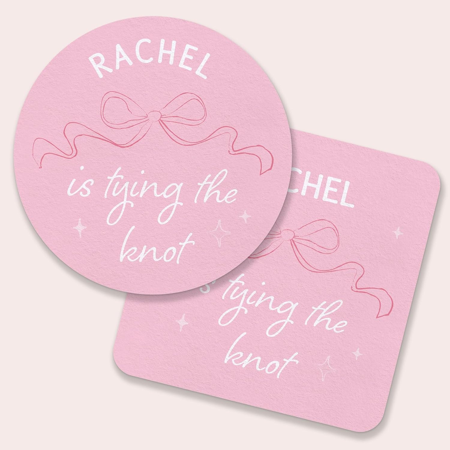 Big Dot of Happiness Personalized Tying The Knot Drink Coasters, 4-Inch Disposable Round Paper Coasters Pink Bow Bridal and Bachelorette Party, Funny Cocktail Table Decor for Bar Drinks - 25 ct