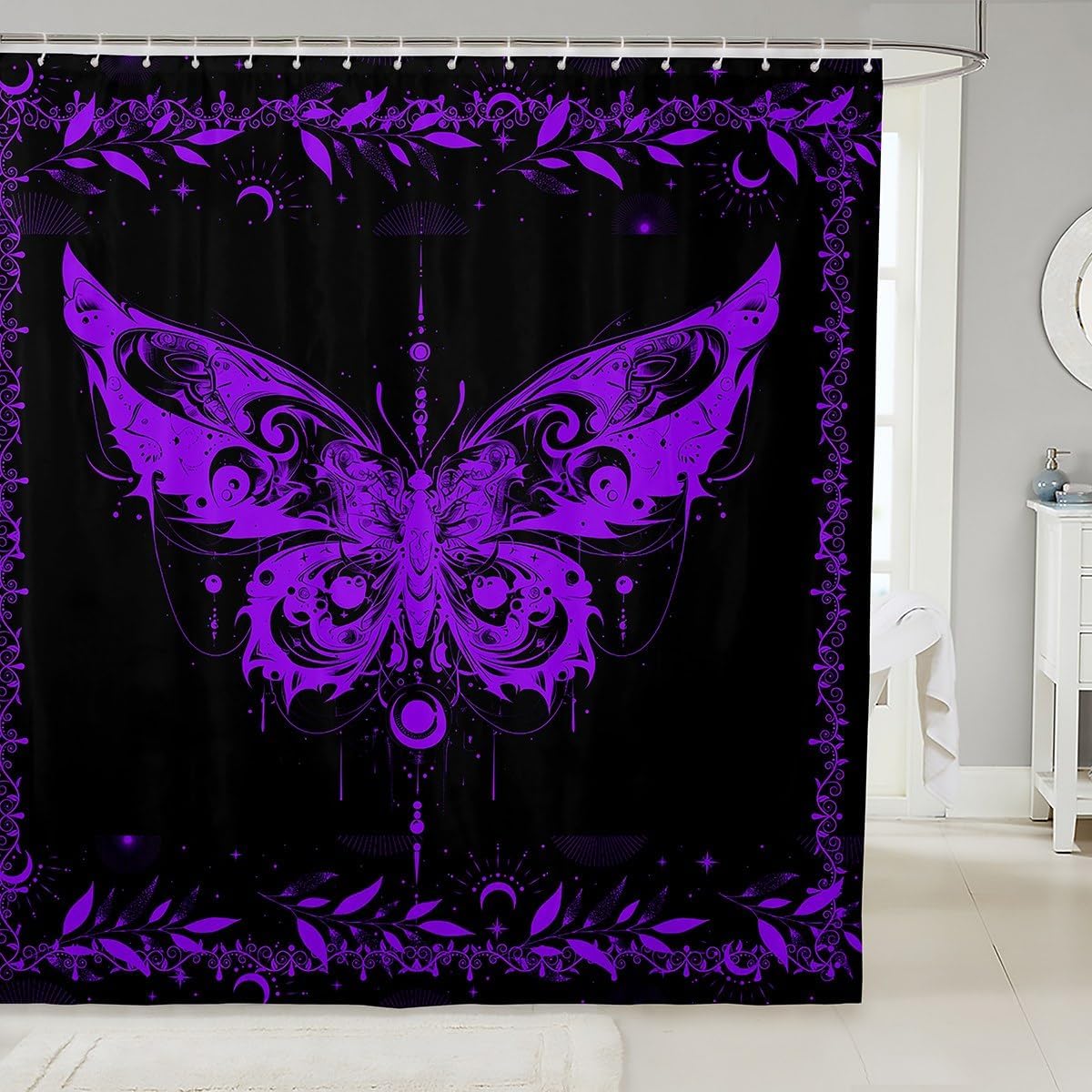 Feelyou Boho Purple Butterfly Fabric Shower Curtain Bohemian Moth Shower Curtain for Kids Boys Girls Moon Galaxy Bathroom Waterproof Accessories with 12 Hooks Black and Purple Curtains,72X84 Inches