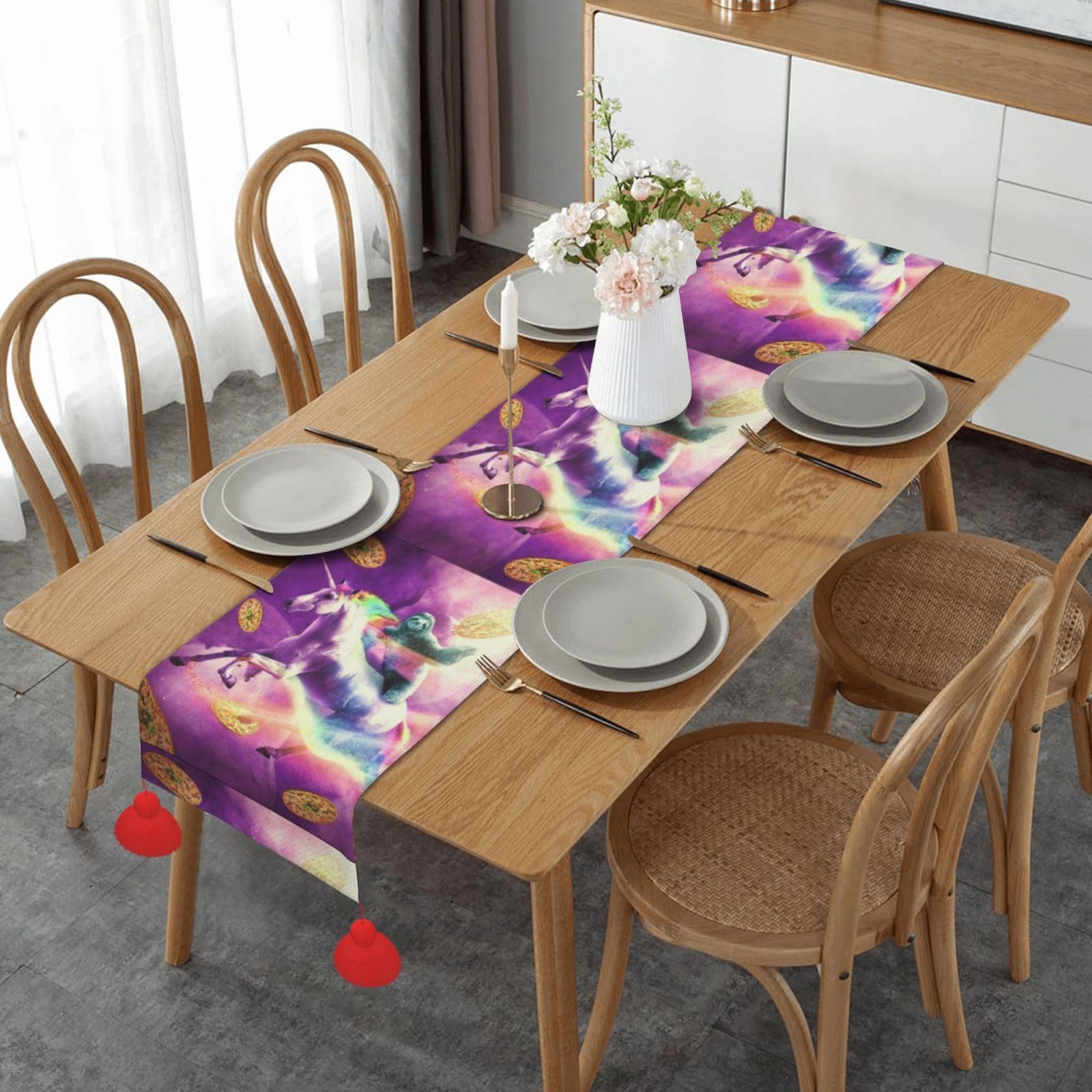 Chemin de table de Noël paresseux et licorne avec pompons décoratifs originaux