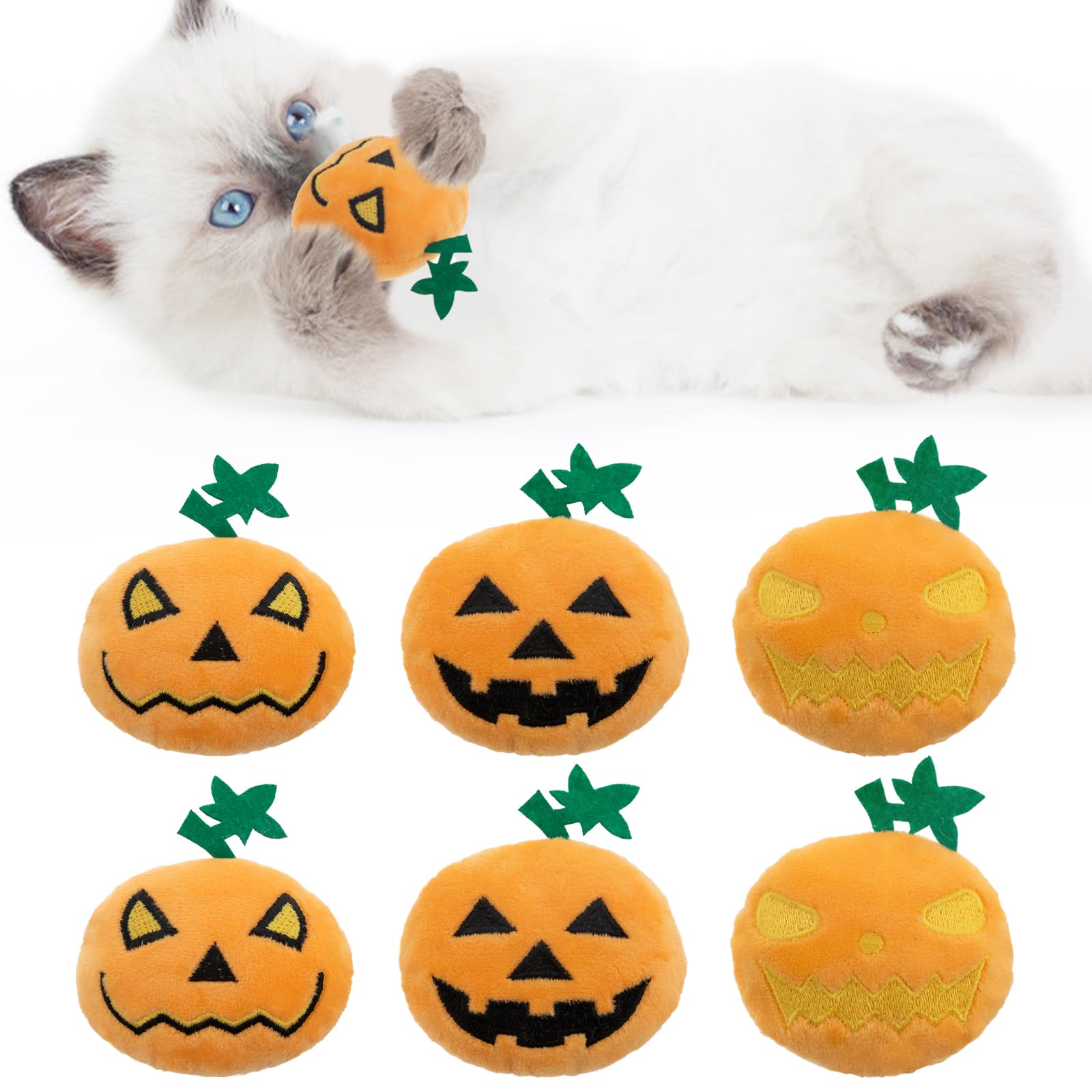 Jocomoni 6pcs Halloween Pumpkin Catnip Toy，Hallowen Indoor Pumpkin Shaped Cat Toy Plush Interactive Chew Bite Toys for Cat Kitten Indoor Festive Holiday Cat Lover Gift