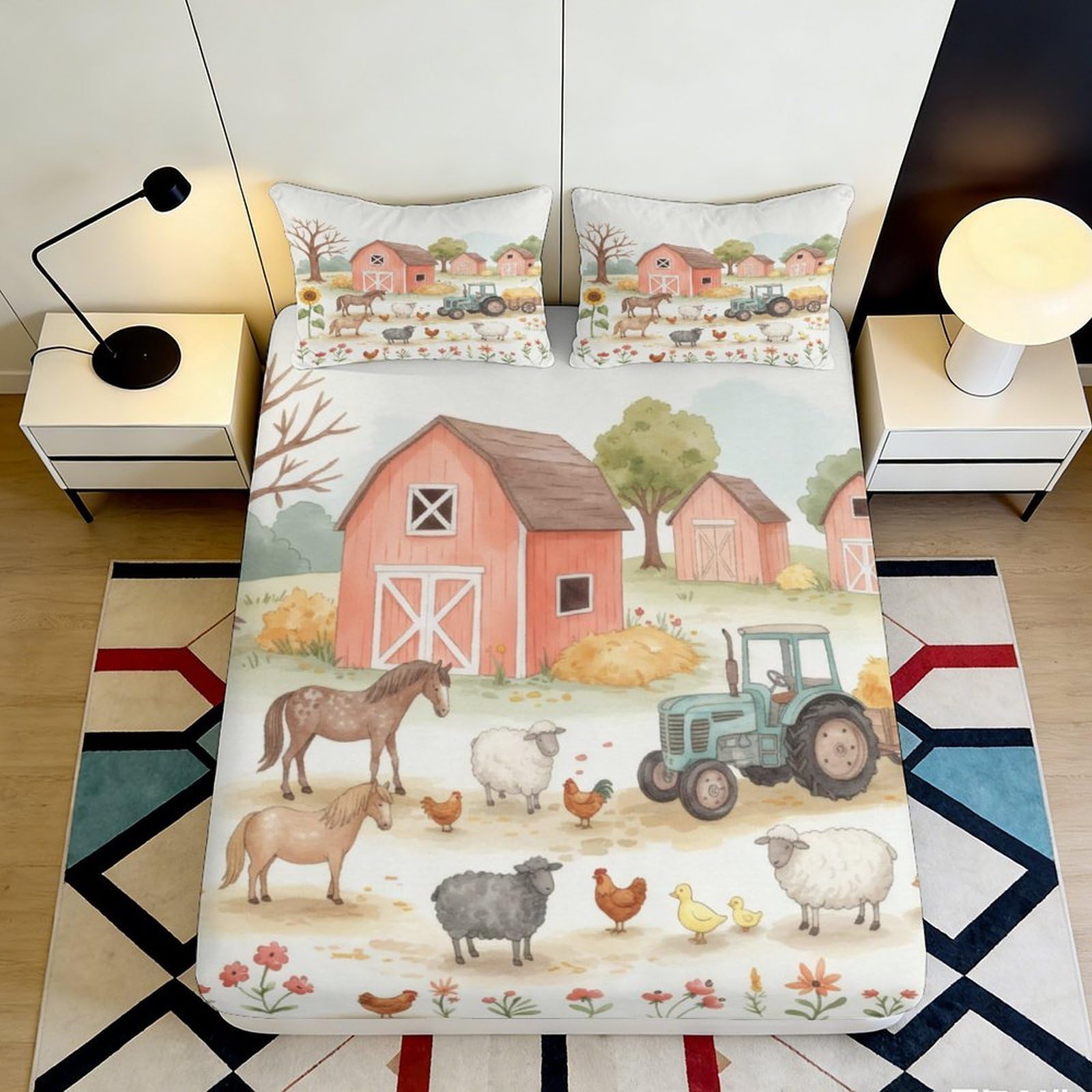 3D Printed Farm Barn Fitted Sheet Microfiber Soft Animal Tractor Mattress Cover for Bedroom Guest Room Decor 90x200x25cm