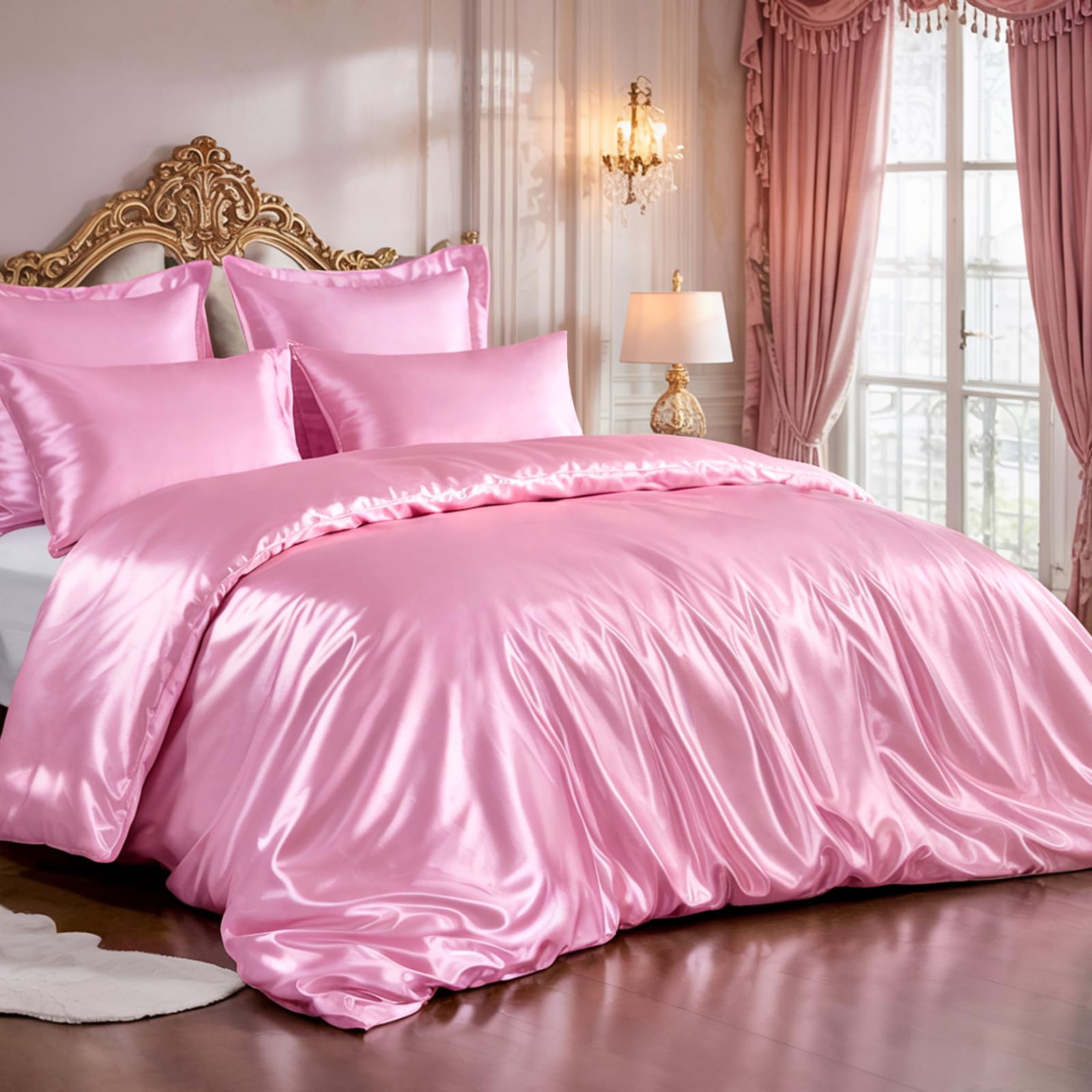 RUIKASI Juego de ropa de cama de satén de 220 x 240 cm, color rosa y sedoso, funda nórdica de lujo con brillo como seda para cabello y piel, brillante, ropa de cama de 220 x 240 cm con cremallera y