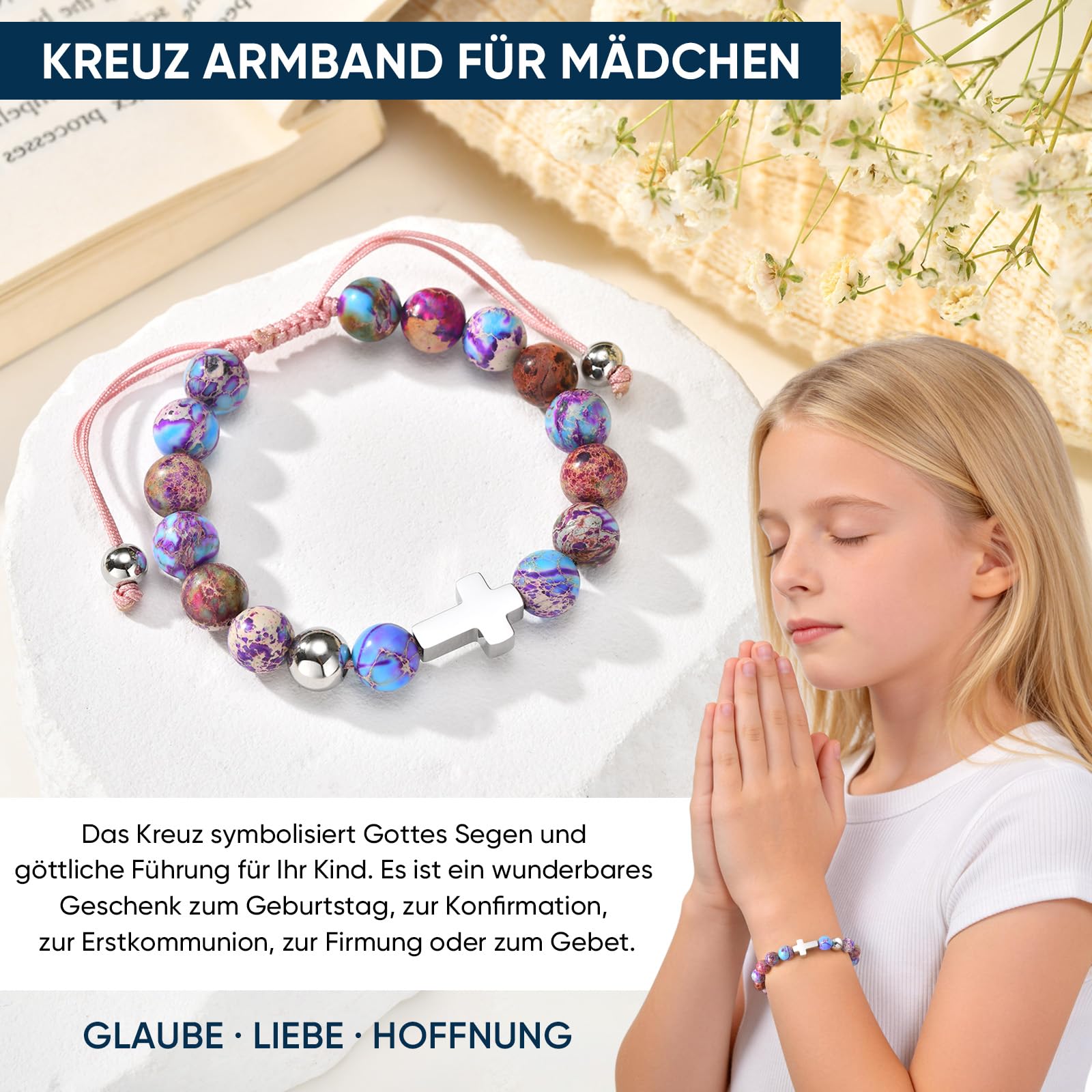 Kommunion Geschenke für Mädchen Kreuz Armband - Naturstein Armbänder mit Kreuz für Kinder Jugendlicher, Kinderarmband für Geburtstag Ostern Konfirmation Firmung Erstkommunion Geschenke für Mädchen - 3