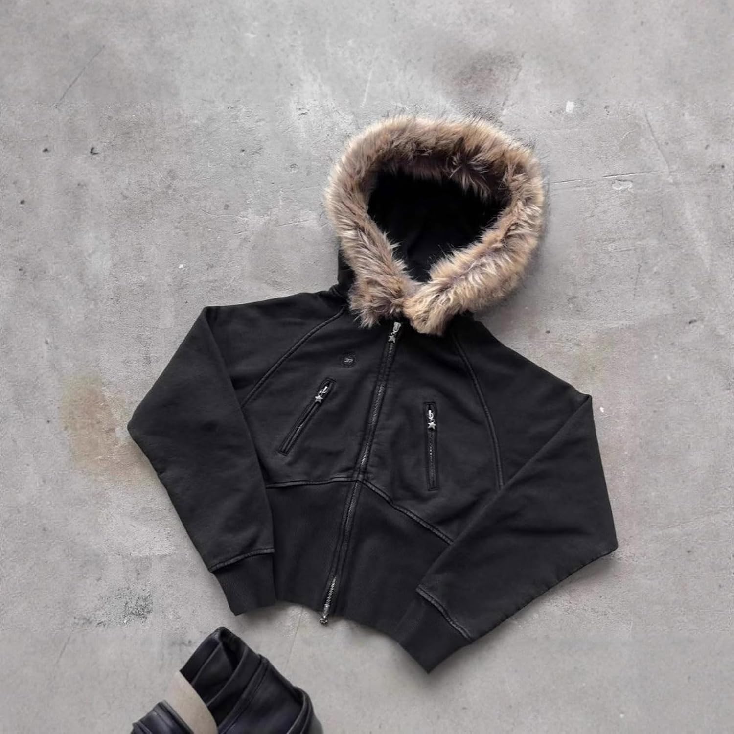 Women's fur leather jacket, carat chain hoodie, street wear hoodie, Y2K leather collar jacket, Gothic top - Image 4